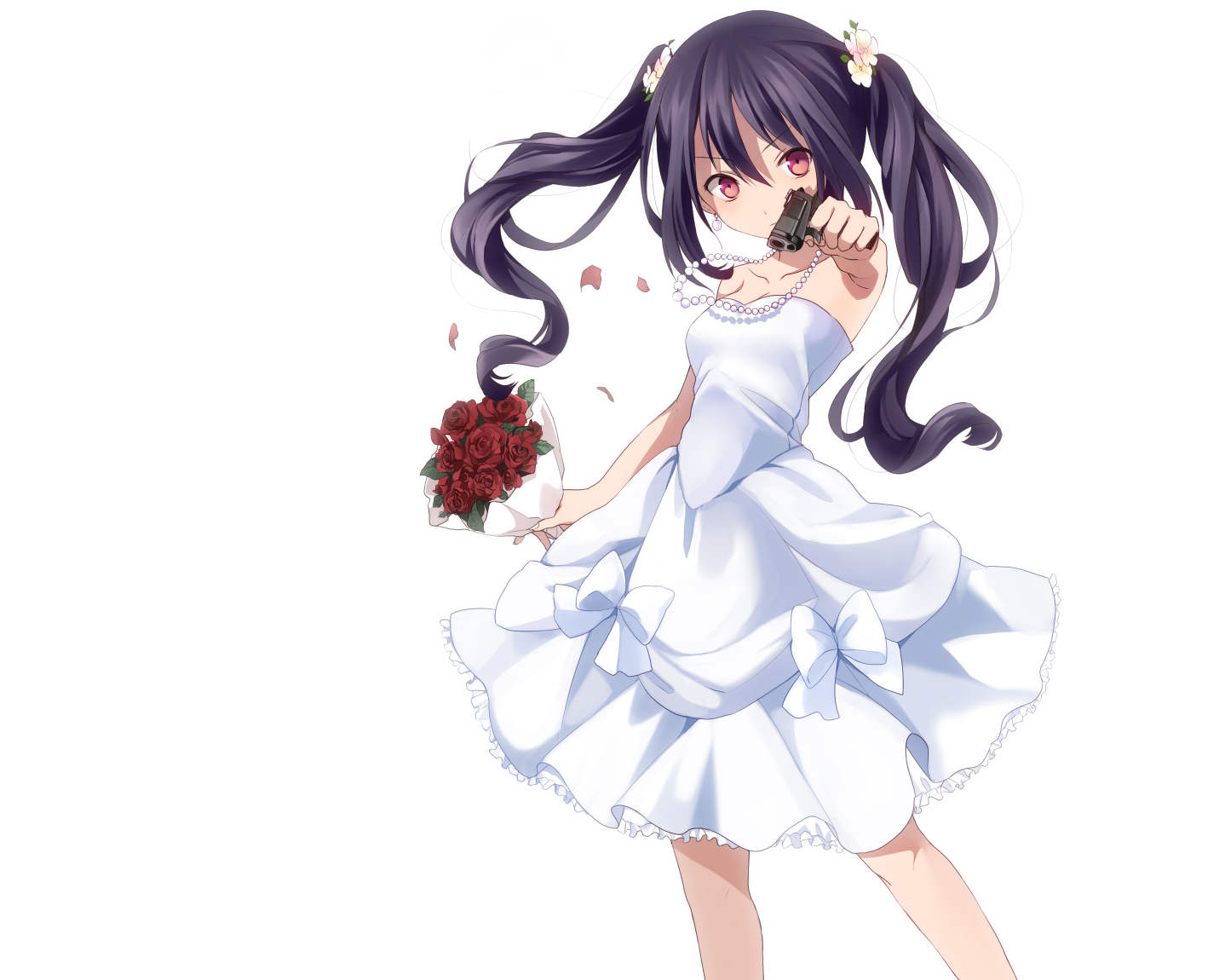 black_hair, dress, flowers, gun, long_hair, naname, necklace, original, pink_eyes, rose, twintails, weapon, wedding_attire, white