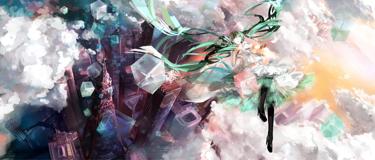 aqua_eyes, aqua_hair, building, city, clouds, dress, h2so4kancel, hatsune_miku