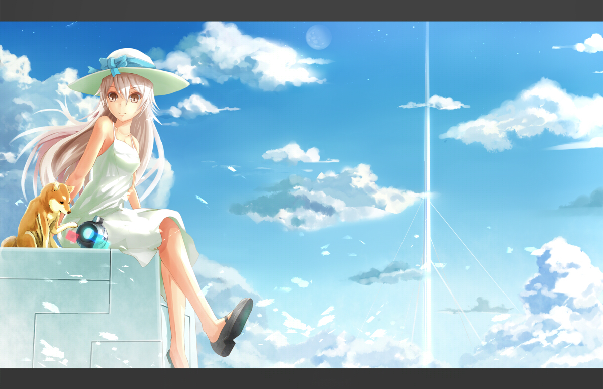 animal, bow, clouds, dog, dress, hat, long_hair, original