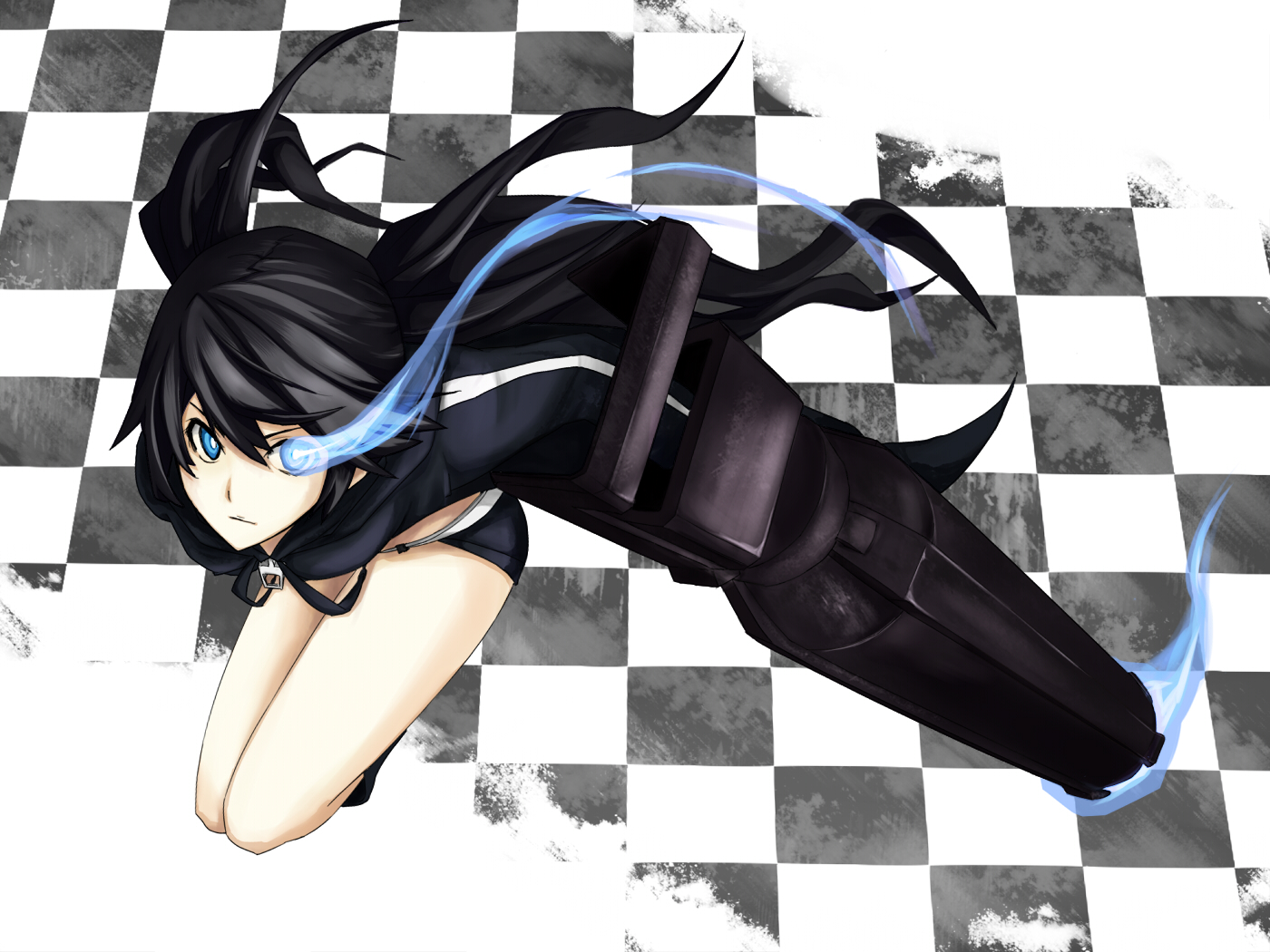 black_hair, black_rock_shooter, blue_eyes, kuroi_mato, long_hair, toromera, twintails, weapon
