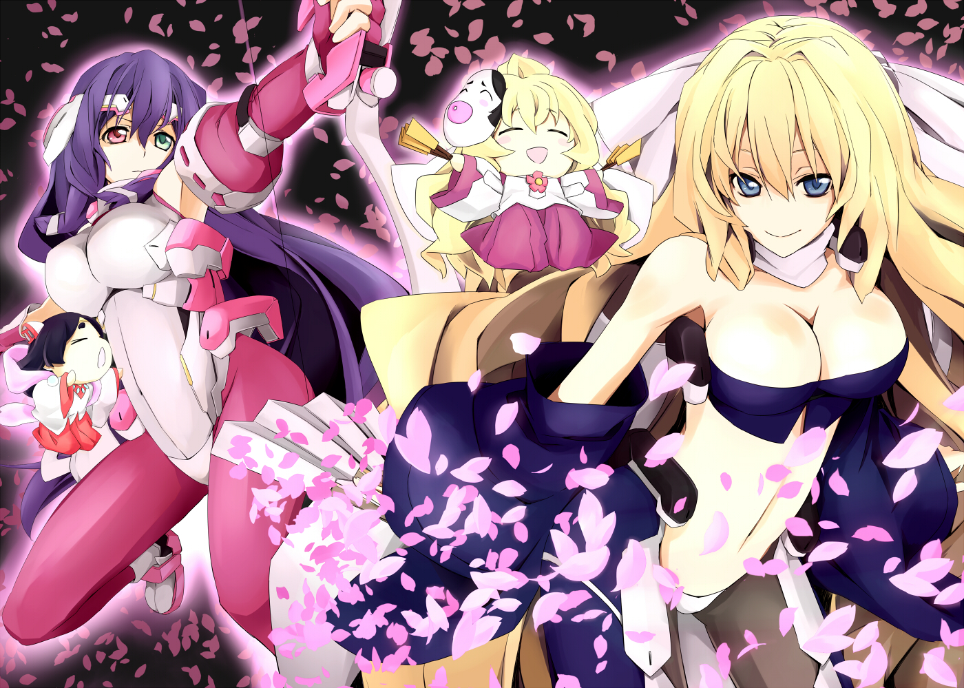 aliasing, aoi_kimi, asama_tomo, bicolored_eyes, blonde_hair, blue_eyes, bodysuit, bow_(weapon), breasts, cherry_blossoms, cleavage, fan, flowers, hanami_(horizon), japanese_clothes, kyoukai_senjou_no_horizon, mask, pantyhose, purple_hair, skintight, toromera, uzui_(horizon), weapon