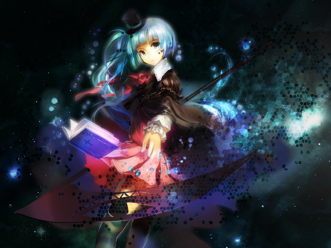 aqua_eyes, aqua_hair, book, dress, h2so4kancel, hat, long_hair, magic