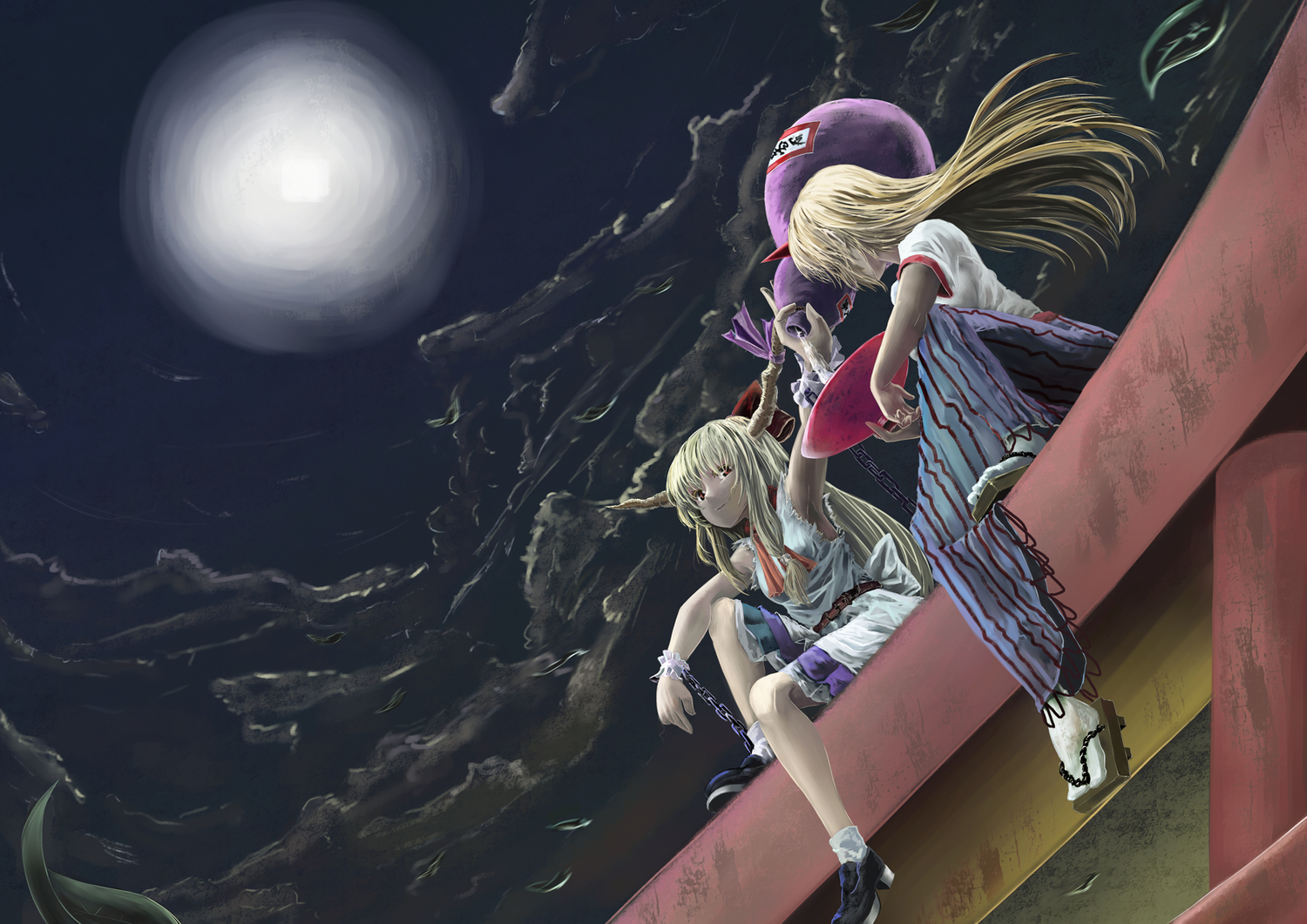 2girls, blonde_hair, bow, chain, clouds, drink, horns, hoshiguma_yuugi