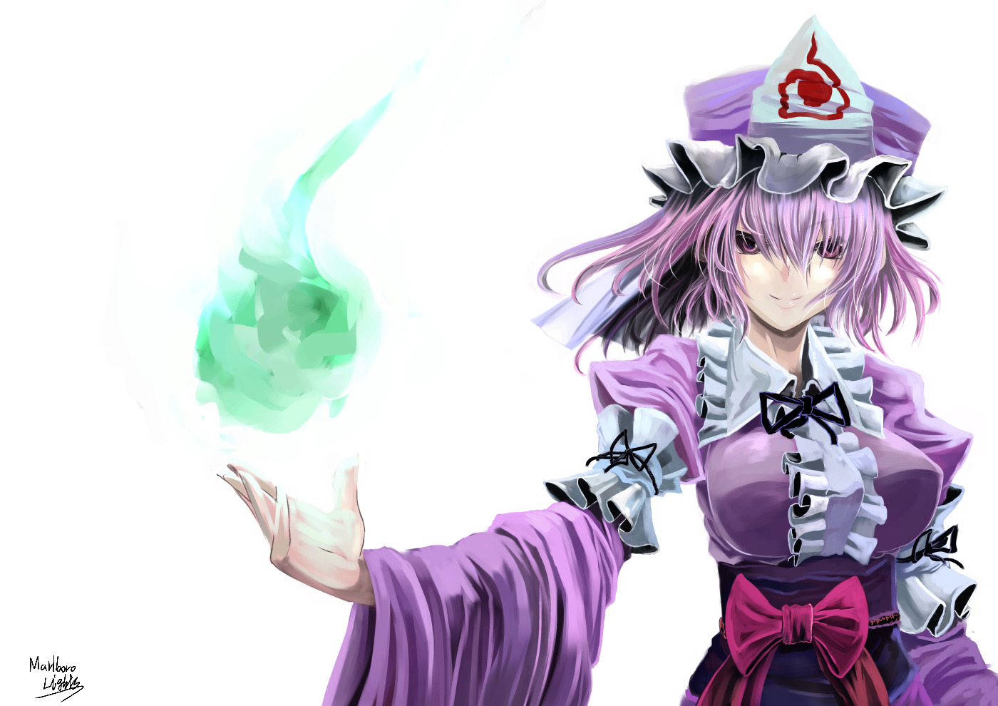 bow, hat, marubororaito, pink_eyes, pink_hair, saigyouji_yuyuko, short_hair, touhou