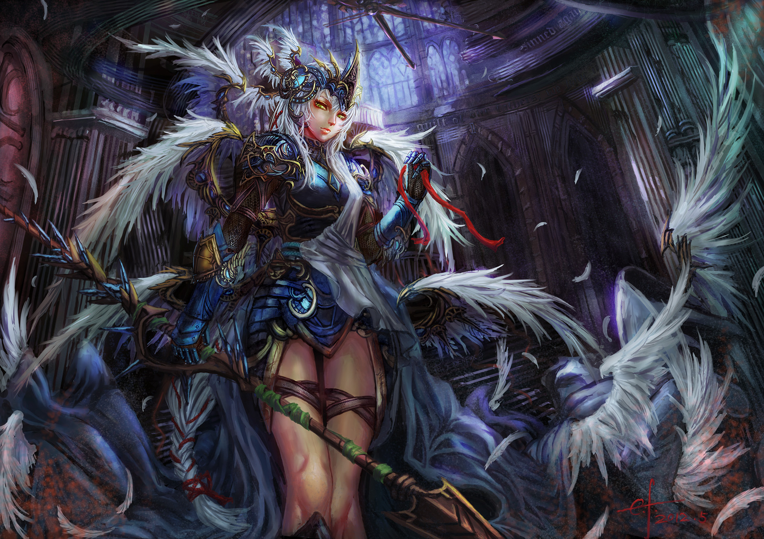 armor, edenfox, feathers, gray_hair, green_eyes, long_hair, original, signed