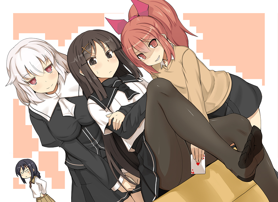 black_eyes, black_hair, bow, glasses, itou_ryuusei, long_hair, original, pantyhose, pink_eyes, pink_hair, ponytail, red_eyes, school_uniform, short_hair, white_hair