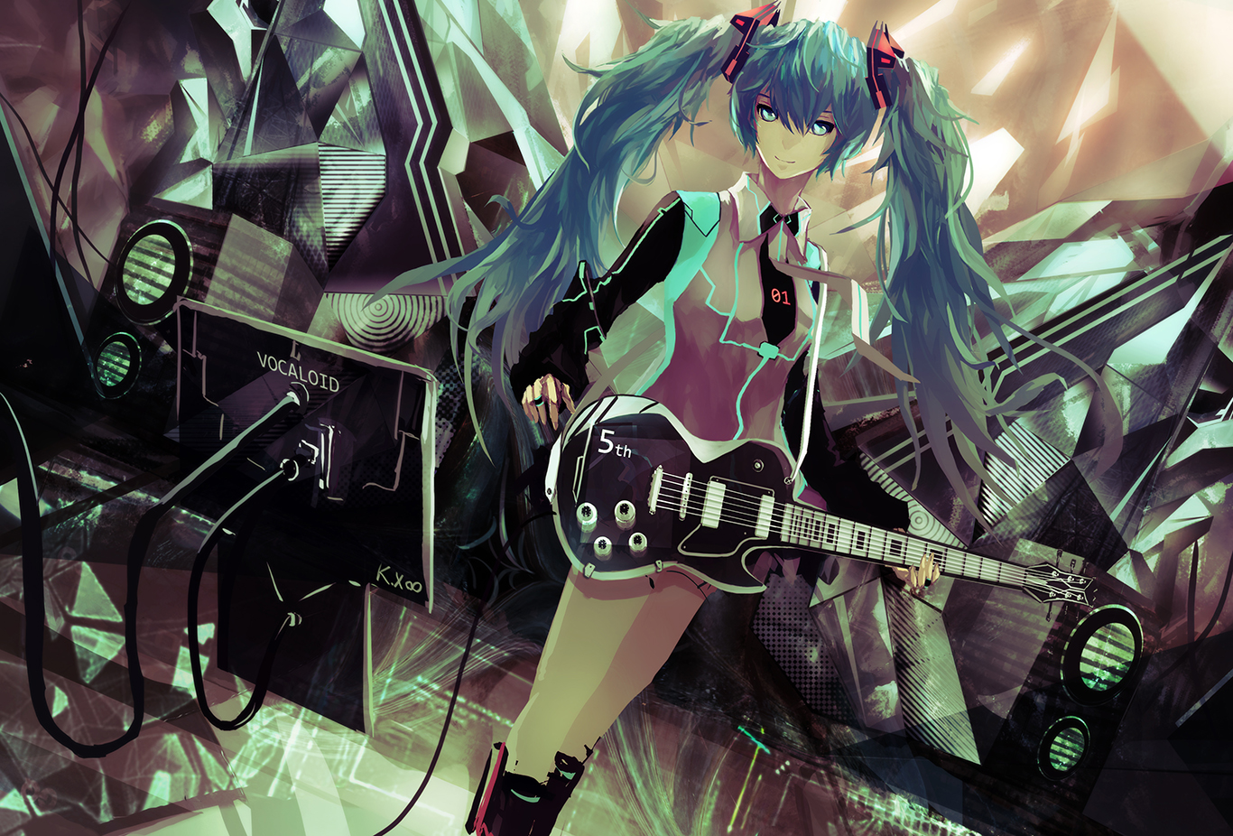 aqua_eyes, aqua_hair, guitar, hatsune_miku, instrument, kxxxxxxxxxxx, long_hair, tie, twintails, vocaloid