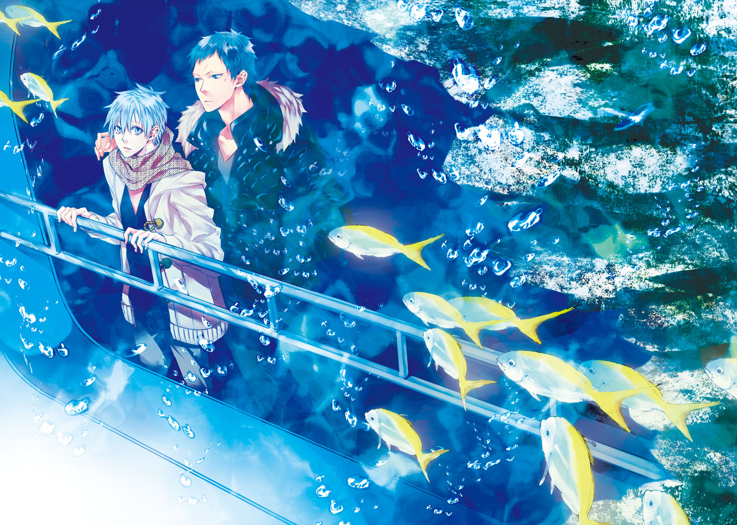 all_male, animal, aomine_daiki, black_hair, blue_eyes, blue_hair, bubbles, fish