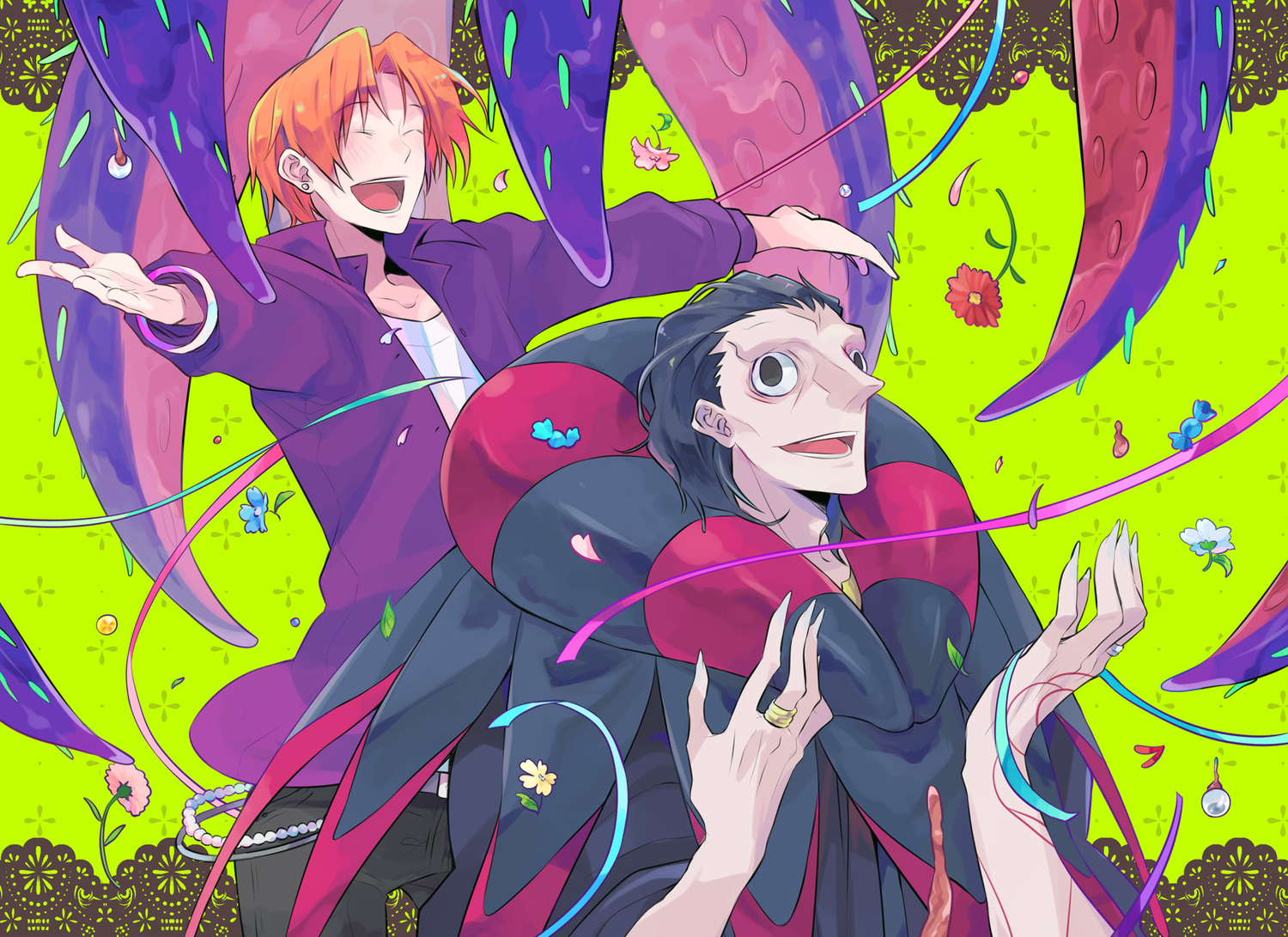 all_male, bendan-daizi, black_eyes, black_hair, fate_(series), fate/stay_night, fate/zero, flowers, gilles_de_rais_(fate), male, orange_hair, petals, short_hair, uryuu_ryuunosuke
