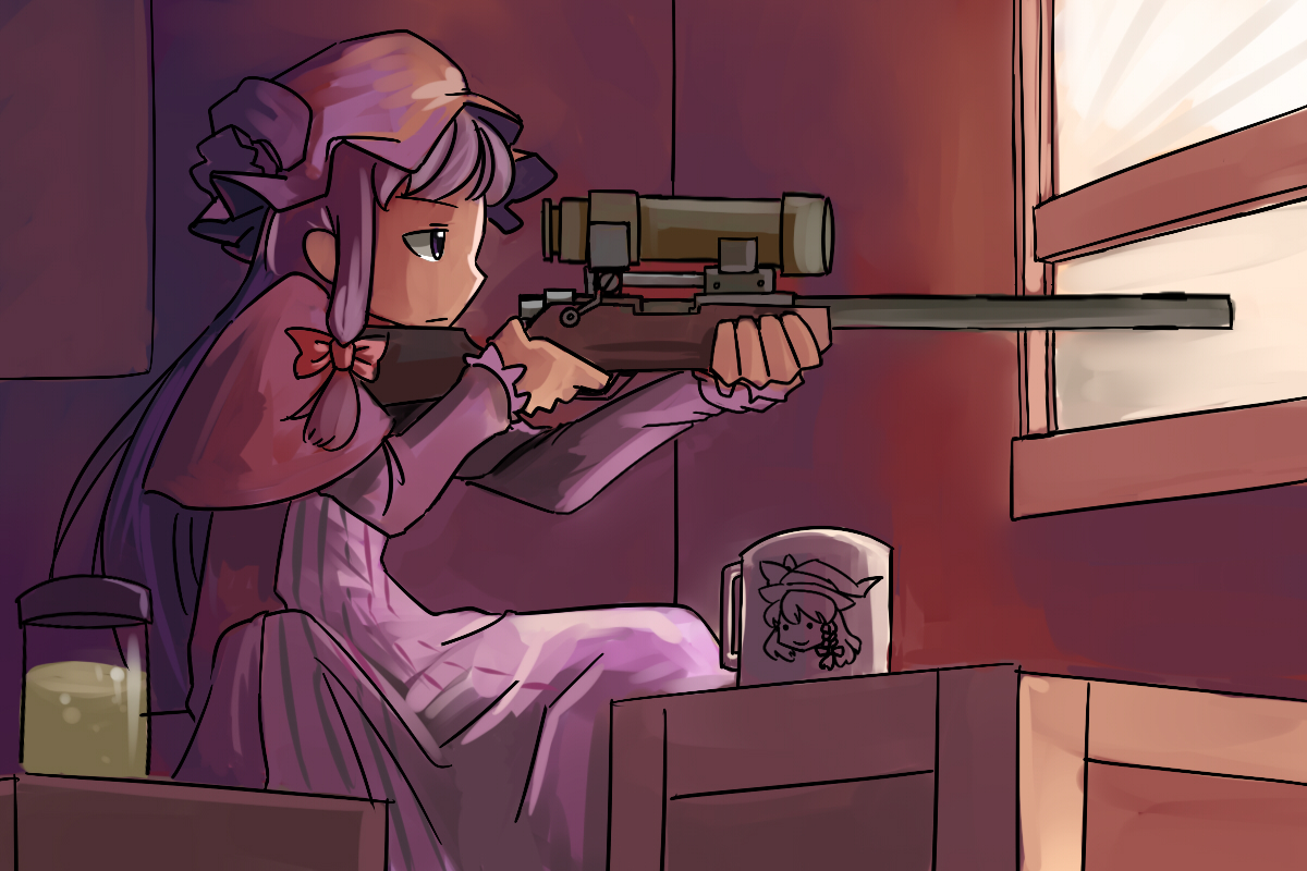 bow, gun, hat, kirisame_marisa, long_hair, parody, patchouli_knowledge, purple_eyes
