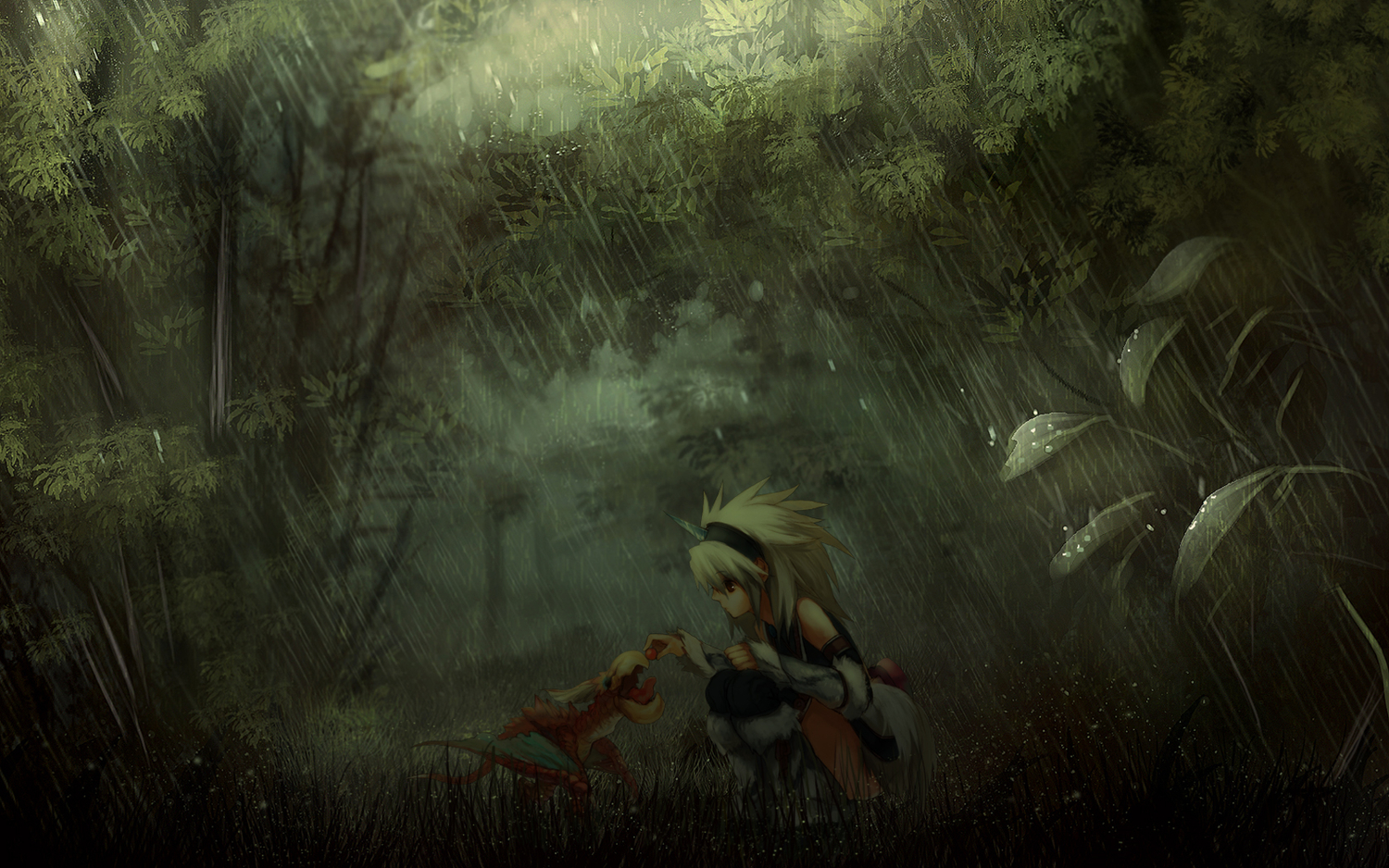 armor, brown_eyes, elbow_gloves, food, forest, gloves, grass, horns