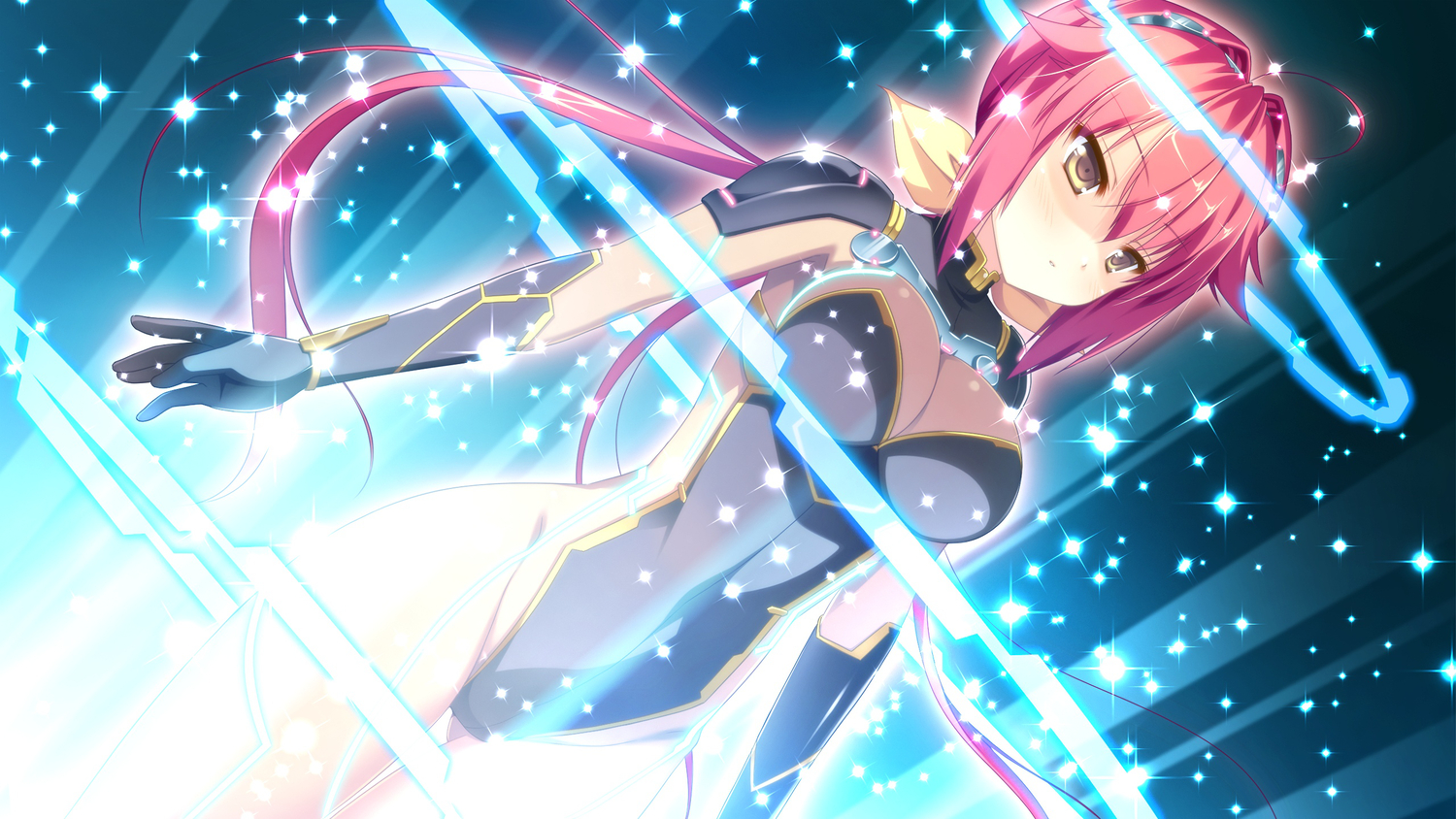 alcot, bodysuit, breasts, brown_eyes, cleavage, elbow_gloves, game_cg, gloves, kamishiro_yuka, long_hair, naka_no_hito_nado_inai, narumi_yuu, red_hair, skintight