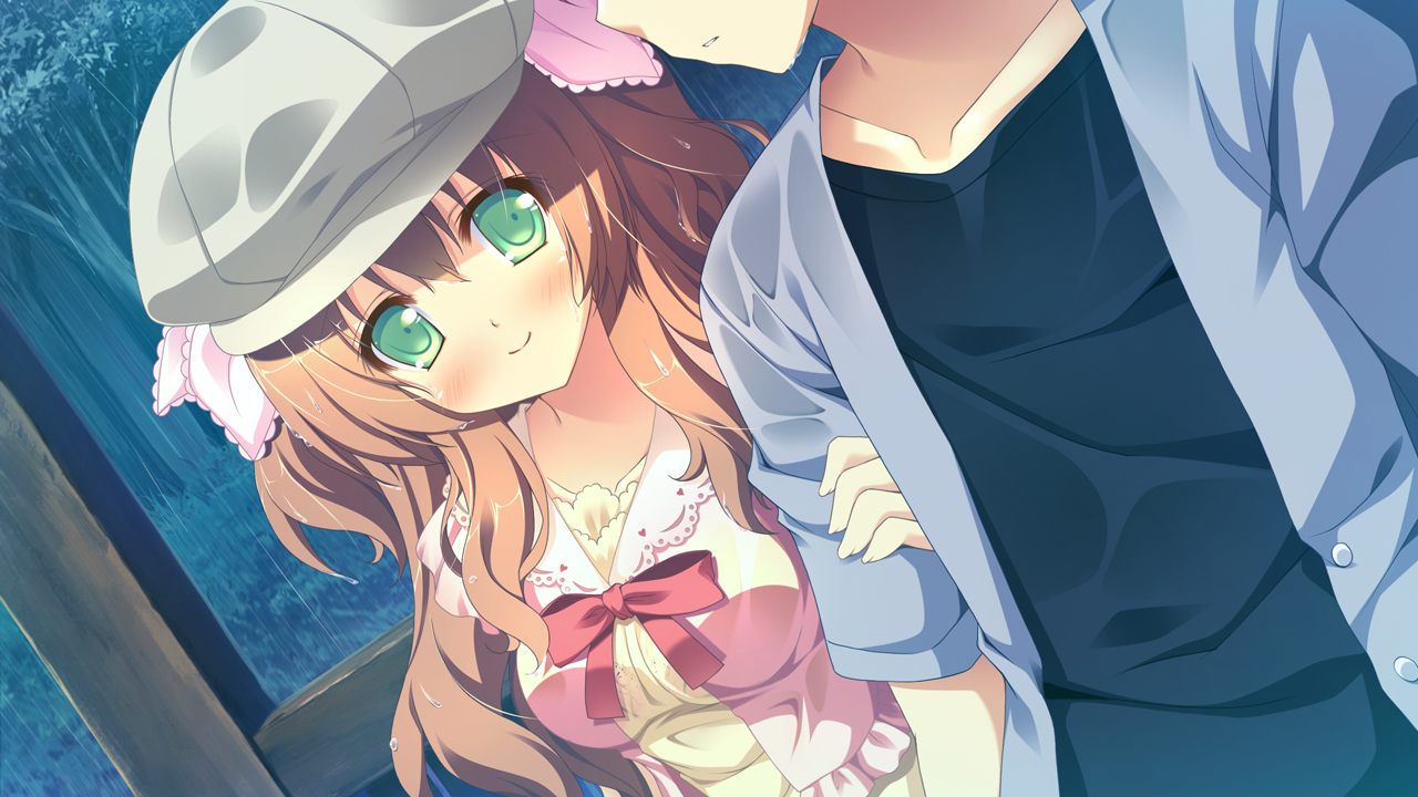 alcot, blush, bow, brown_hair, game_cg, green_eyes, hat, kirihara_saori, long_hair, naka_no_hito_nado_inai, narumi_yuu, rain, water, wet