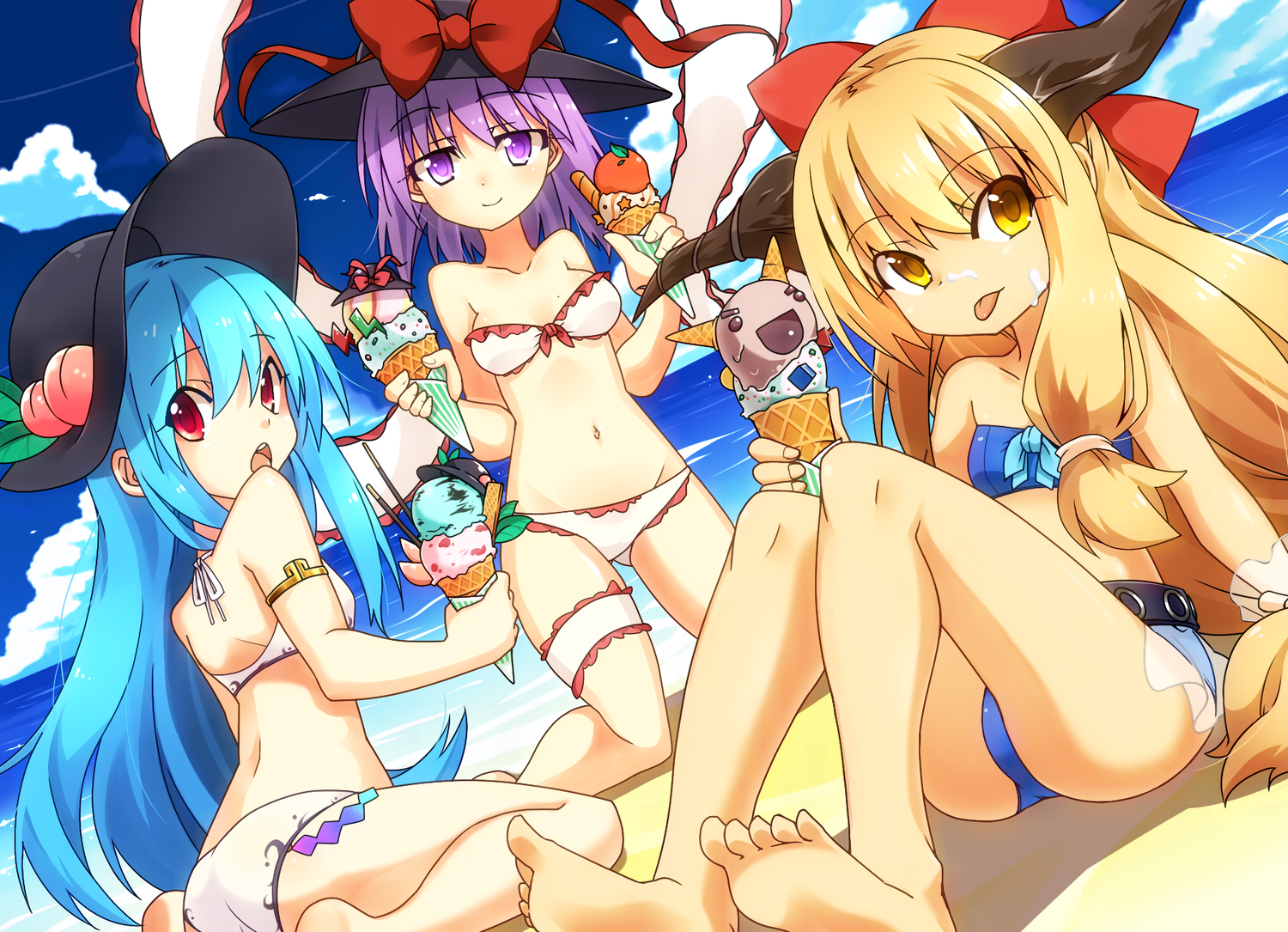 barefoot, beach, bikini, blonde_hair, blue_hair, bow, clouds, food, fruit, hat, hinanawi_tenshi, horns, ibuki_suika, ice_cream, long_hair, nagae_iku, navel, orange_(fruit), purple_eyes, purple_hair, red_eyes, ribbons, shijimi-sama, short_hair, sky, swimsuit, touhou, water, yellow_eyes