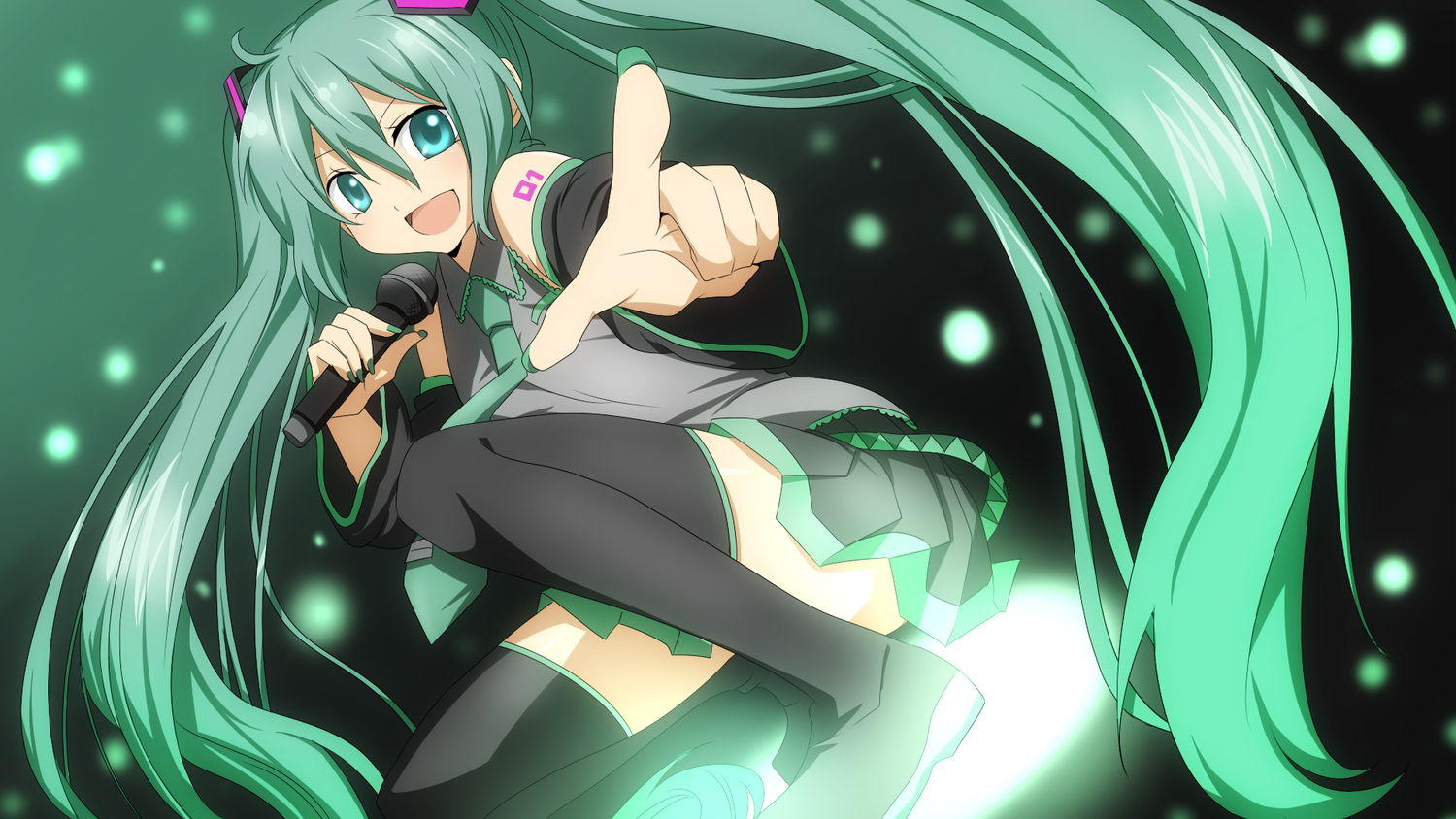 aqua_eyes, aqua_hair, hatsune_miku, long_hair, microphone, rumia_(compacthuman), thighhighs, tie
