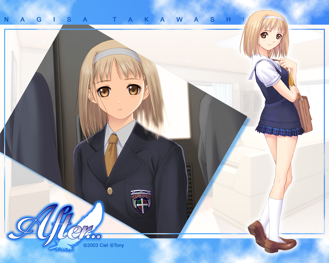 after, after_sweet_kiss, blonde_hair, brown_eyes, headband, kneehighs, school_uniform, short_hair