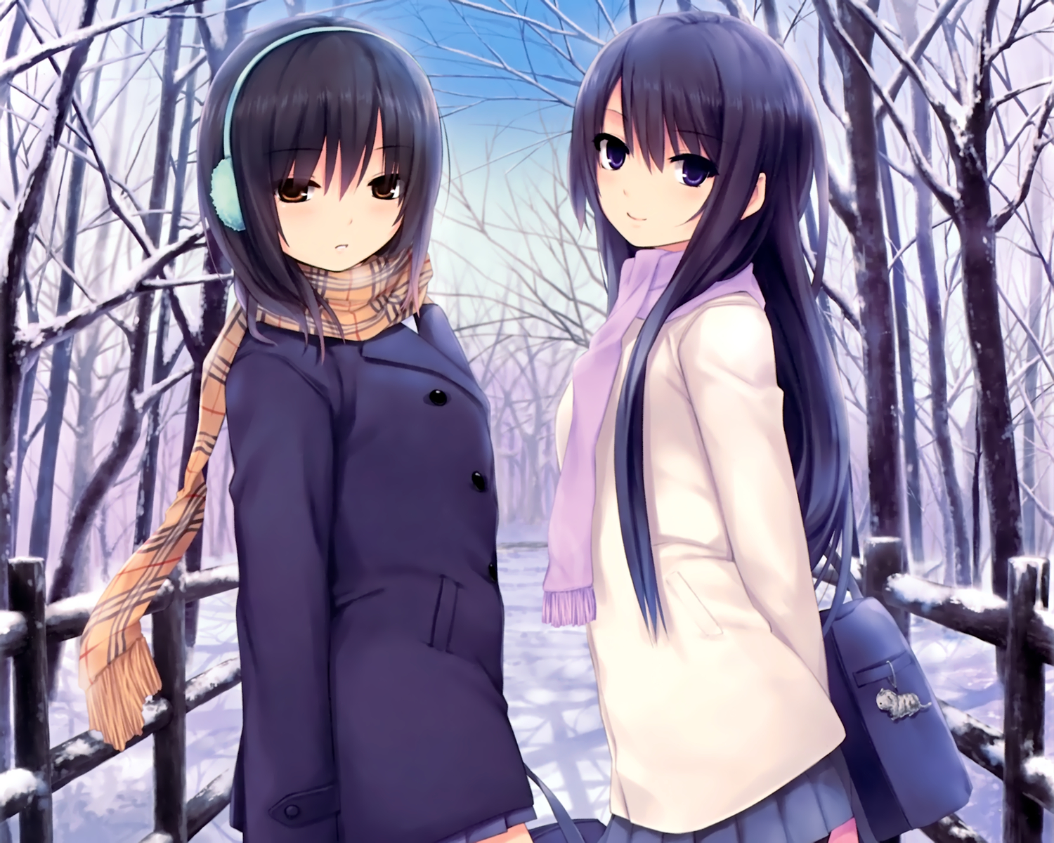 2girls, aoyama_sumika, black_hair, brown_eyes, coffee-kizoku, cropped, earmuffs, long_hair