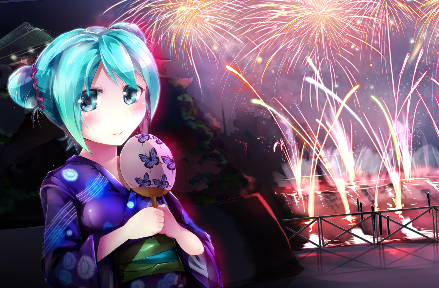 aqua_eyes, aqua_hair, blush, fan, fireworks, hatsune_miku, japanese_clothes, night, short_hair, silly_(marinkomoe), vocaloid