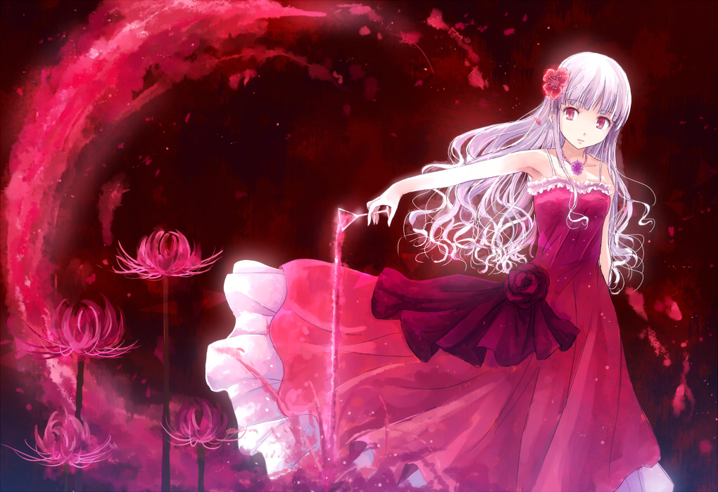 dress, drink, flowers, gray_hair, long_hair, original, red_eyes, yakka