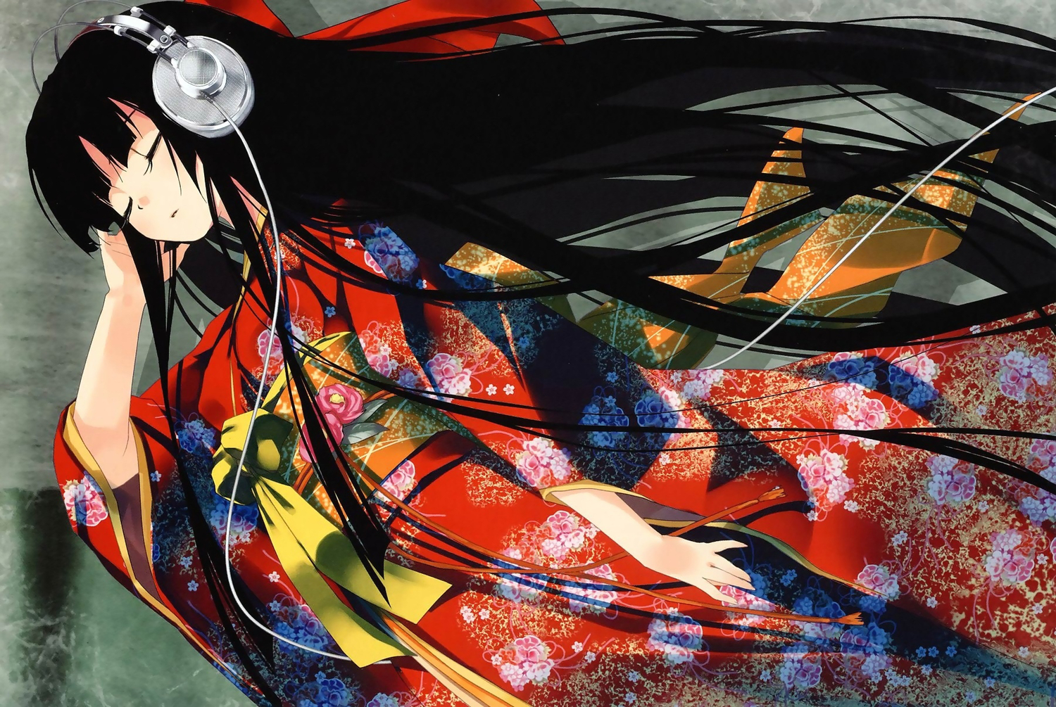 black_hair, enma_ai, headphones, japanese_clothes, jigoku_shoujo, jpeg_artifacts, long_hair, refeia