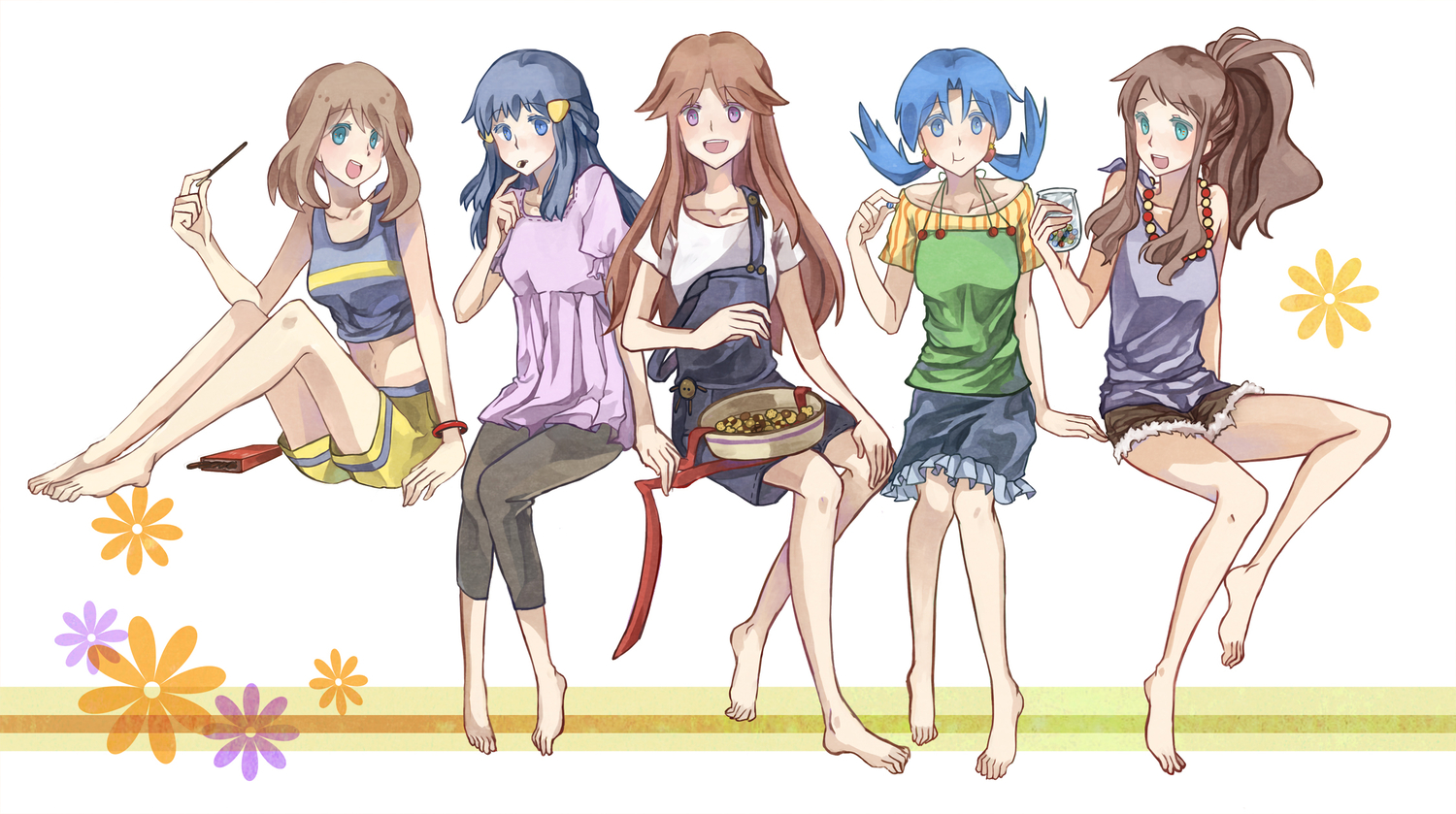 aqua_eyes, barefoot, blue_eyes, blue_hair, brown_hair, candy, food, group
