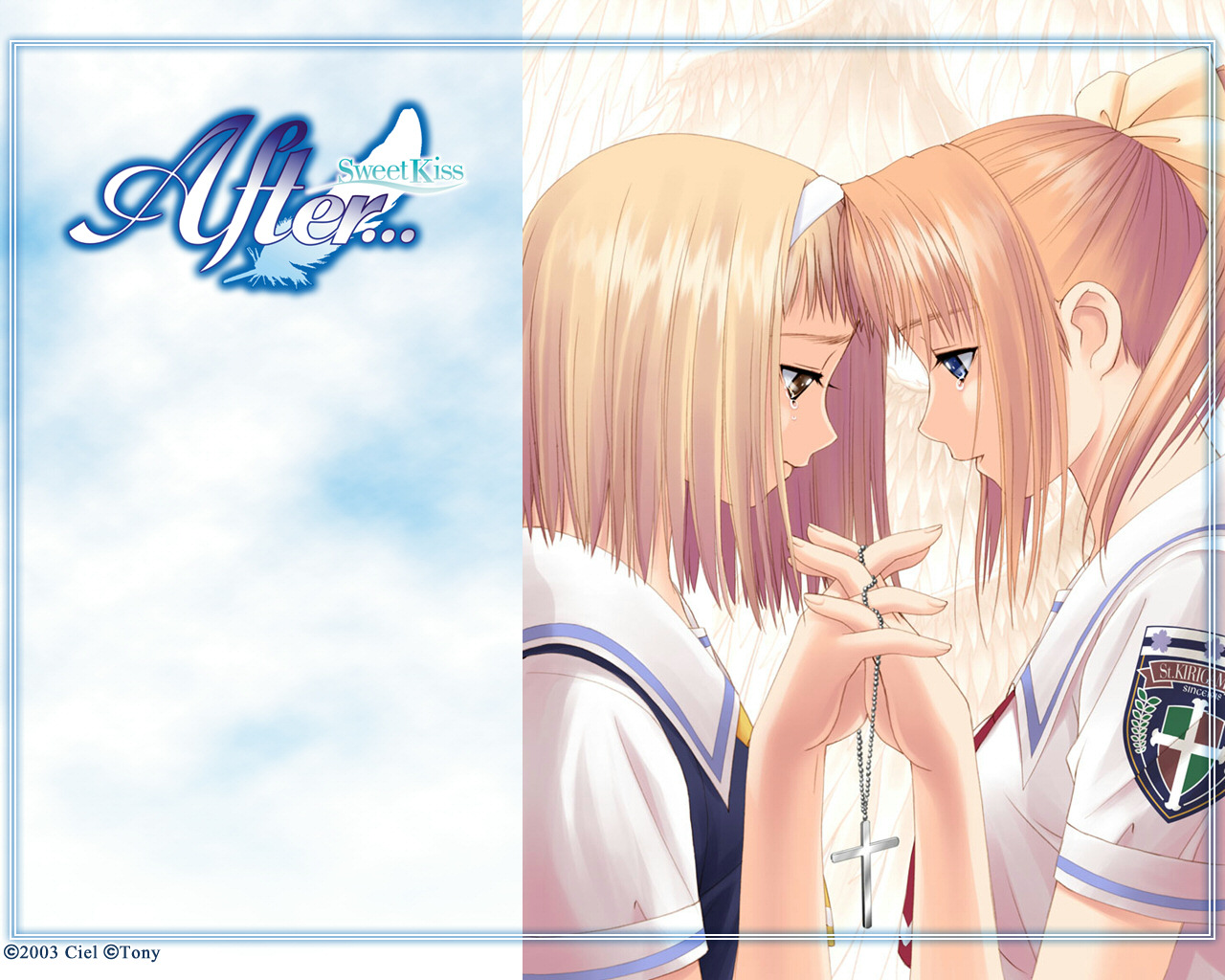 2girls, after, after_sweet_kiss, blonde_hair, blue_eyes, brown_eyes, cross, headband