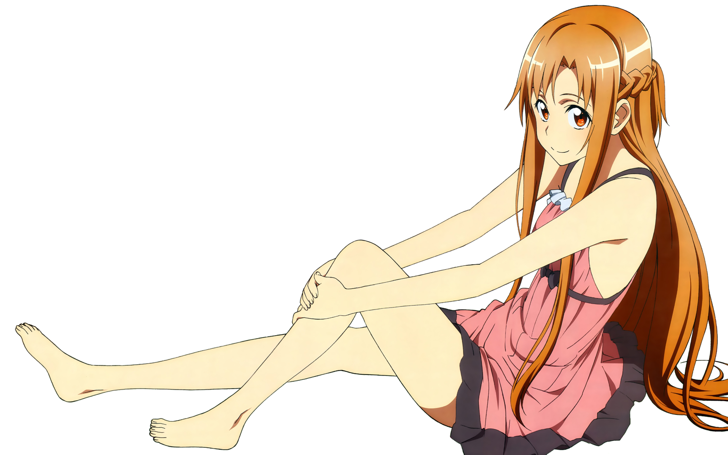 barefoot, brown_eyes, brown_hair, dress, habe_takashi, long_hair, sword_art_online, white, yuuki_asuna