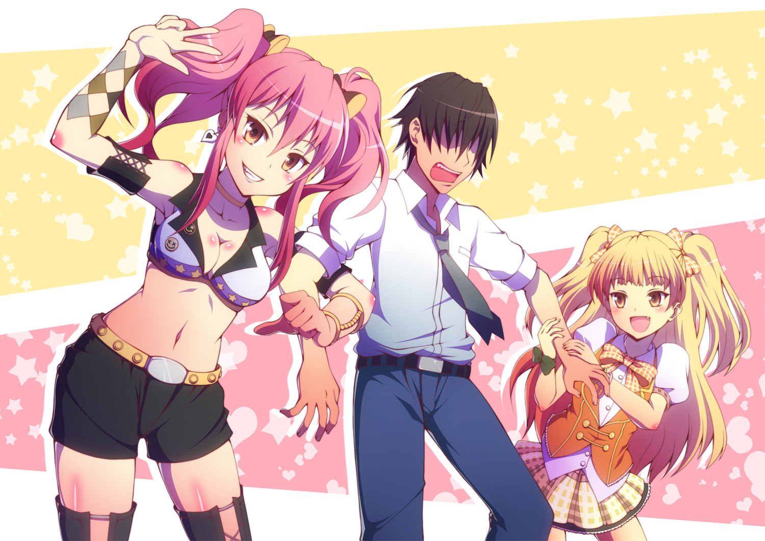 black_hair, blonde_hair, blush, bow, breasts, choker, cleavage, fang, idolmaster, idolmaster_cinderella_girls, jougasaki_mika, jougasaki_rika, loli, long_hair, male, navel, ookami_maito, pink_hair, producer_(idolmaster), short_hair, shorts, skirt, tie, twintails, yellow_eyes