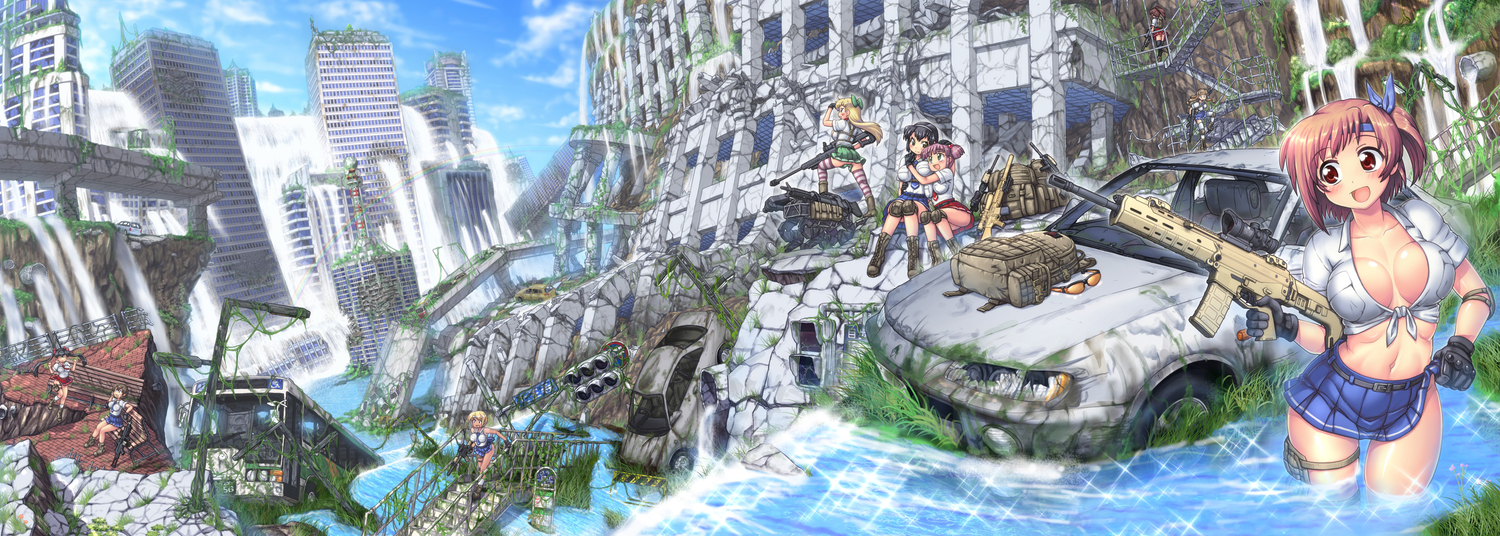 black_hair, blonde_hair, blush, boots, bow, breasts, brown_eyes, brown_hair, building, car, cleavage, green_eyes, group, gun, hase_yuu, hug, landscape, long_hair, navel, open_shirt, original, ponytail, rainbow, red_eyes, robot, ruins, scenic, school_uniform, short_hair, skirt, stairs, sunglasses, thighhighs, tie, twintails, water, weapon, wet