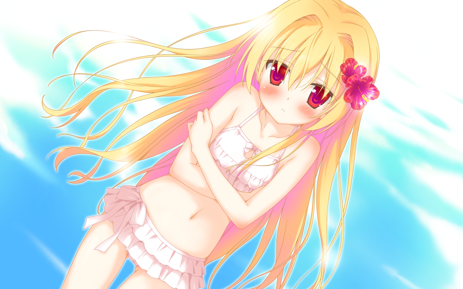 bikini, blonde_hair, blush, favorite, game_cg, irotoridori_no_hikari, irotoridori_no_sekai, long_hair, navel, nikaidou_shinku, red_eyes, shida_kazuhiro, swimsuit