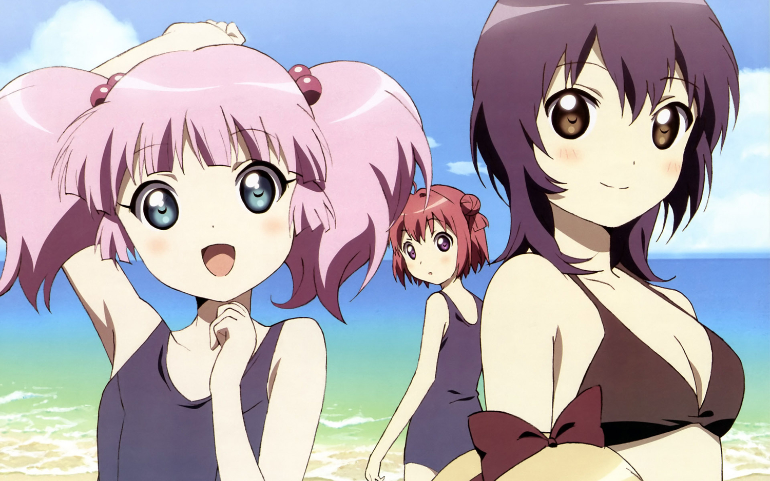 akaza_akari, beach, bikini, blonde_hair, blue_eyes, blush, bow, breasts, brown_eyes, cleavage, cropped, funami_yui, long_hair, minagawa_kazunori, pink_hair, purple_eyes, purple_hair, red_hair, scan, short_hair, swimsuit, toshinou_kyouko, yoshikawa_chinatsu, yuru_yuri