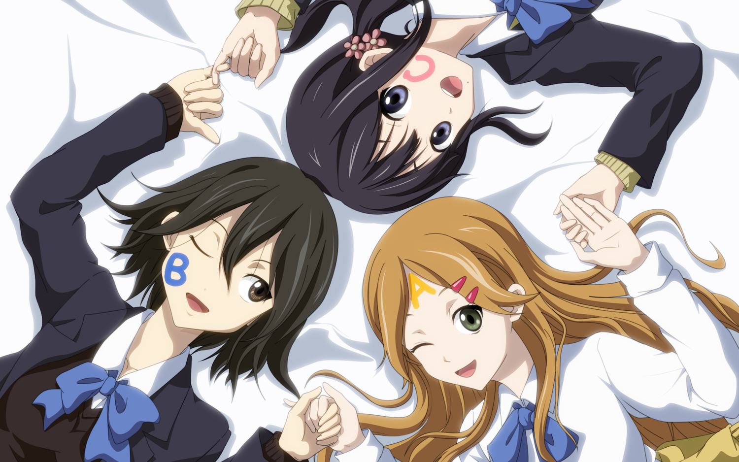 black_eyes, black_hair, blonde_hair, brown_eyes, brown_hair, green_eyes, inaba_himeko, kiriyama_yui