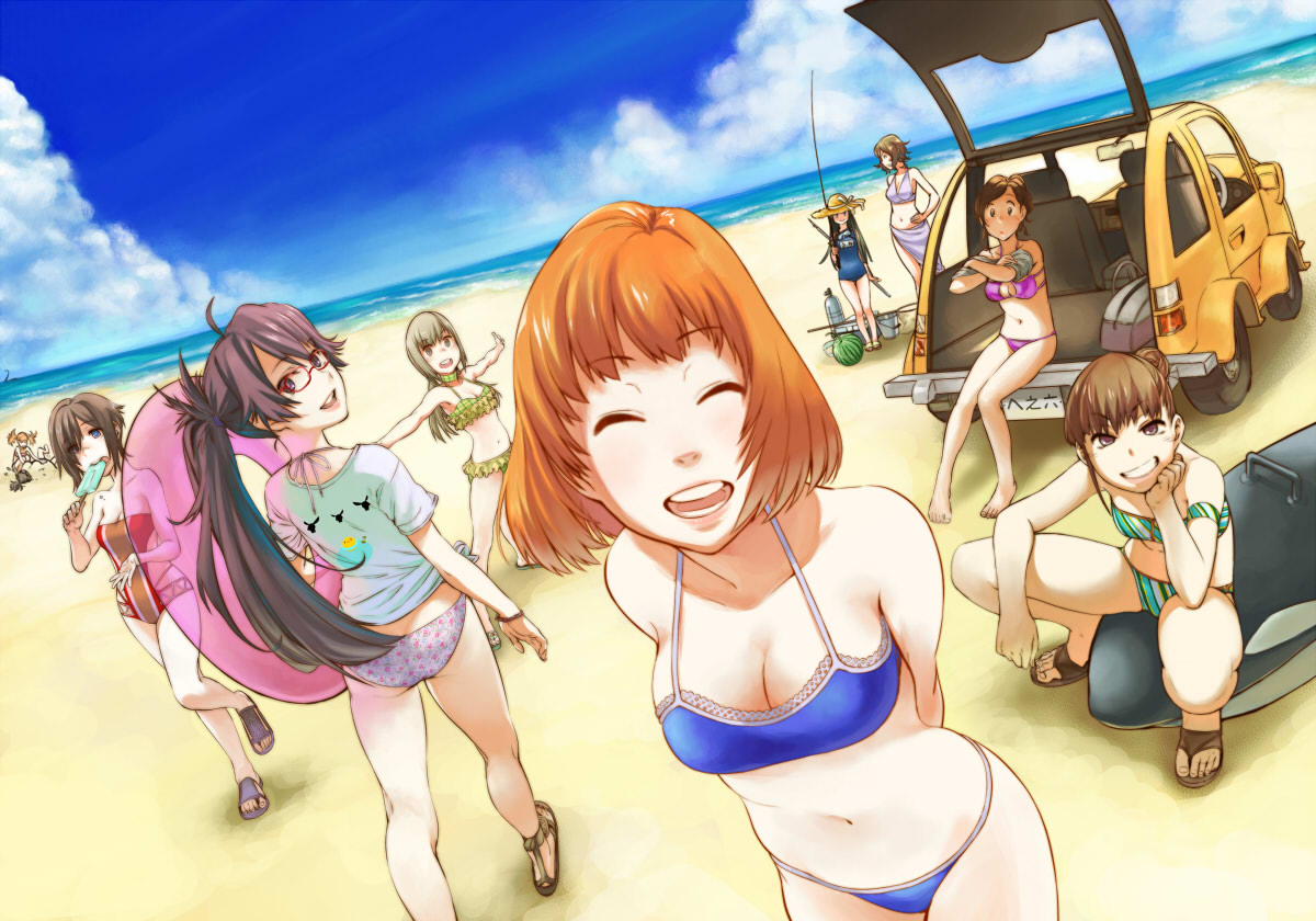 beach, bikini, black_hair, blue_eyes, breasts, brown_eyes, car, cleavage, food, fruit, glasses, group, hat, jpeg_artifacts, long_hair, navel, orange_hair, original, ponytail, popsicle, purple_eyes, short_hair, swim_ring, swimsuit, undressing, uyama_hajime, water, watermelon