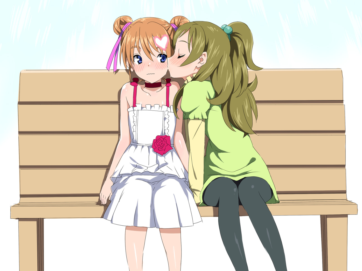 2girls, blue_eyes, blush, brown_hair, choker, dress, heart, houjou_hibiki