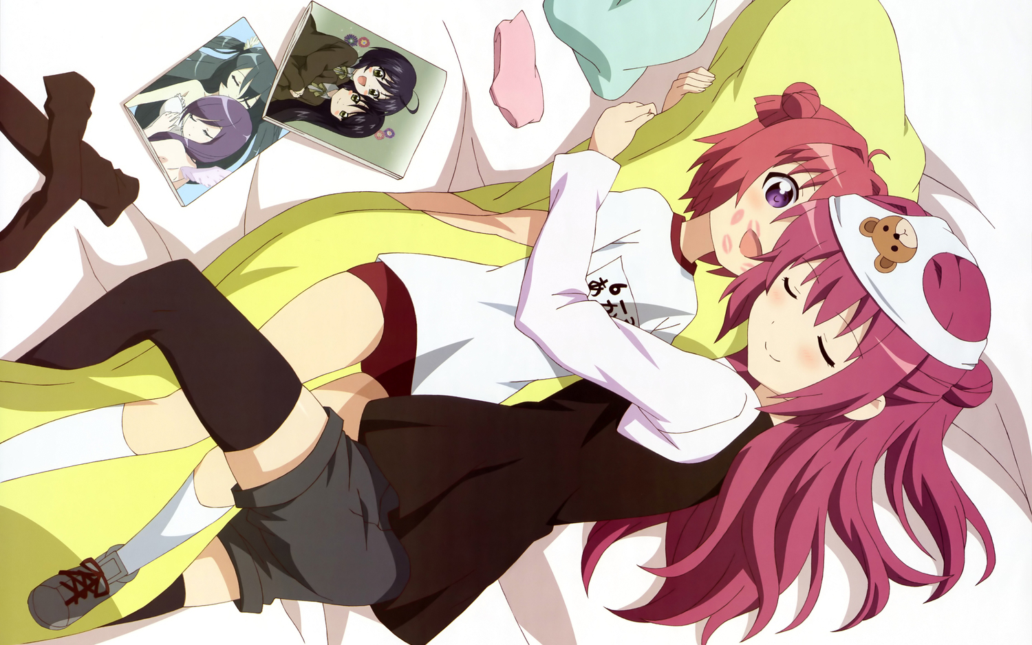 akaza_akane, akaza_akari, bed, blush, book, gym_uniform, hashiguchi_hayato, hug, long_hair, panties, purple_eyes, red_hair, scan, short_hair, shorts, sleeping, thighhighs, underwear, yuru_yuri, zettai_ryouiki
