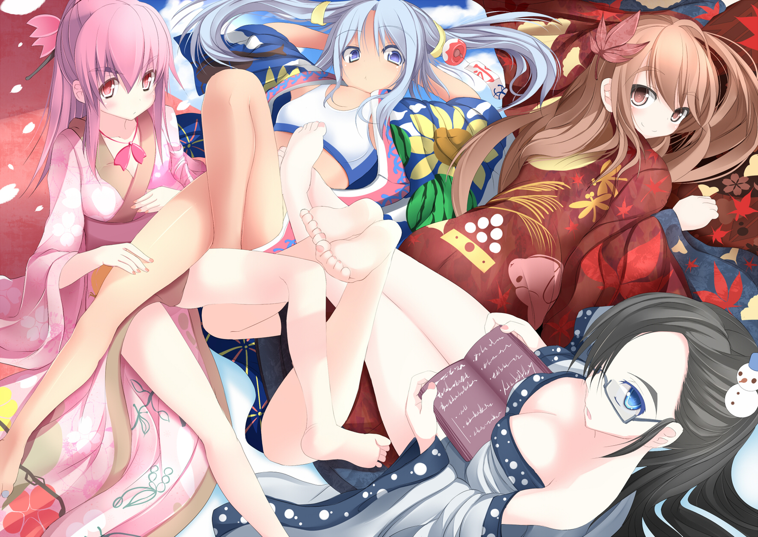 aqua_hair, autumn, barefoot, black_hair, blue_eyes, book, breasts, brown_eyes, brown_hair, cleavage, clouds, glasses, group, japanese_clothes, leaves, long_hair, no_bra, original, petals, pink_hair, ponytail, red_eyes, snow, snowman, spring, sukage, summer, winter, yukata