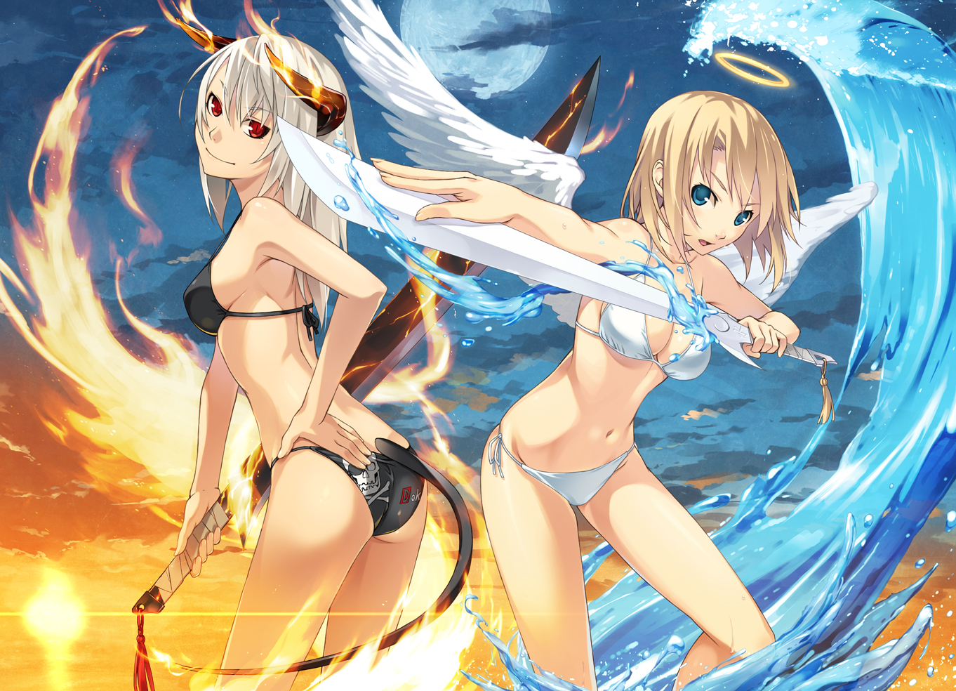 2girls, angel, bikini, blonde_hair, blue_eyes, breasts, cleavage, clouds, demon, fire, gray_hair, halo, horns, kimura_(ykimu), long_hair, moon, navel, original, red_eyes, sunset, swimsuit, sword, tail, water, weapon, wings