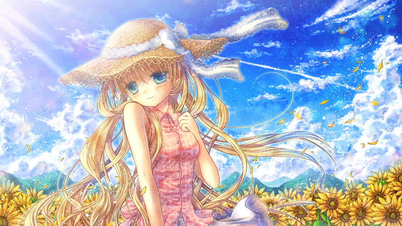 air, aqua_eyes, blonde_hair, blush, clouds, flowers, hat, hinokami_sakura, kamio_misuzu, long_hair, petals, sky, sunflower