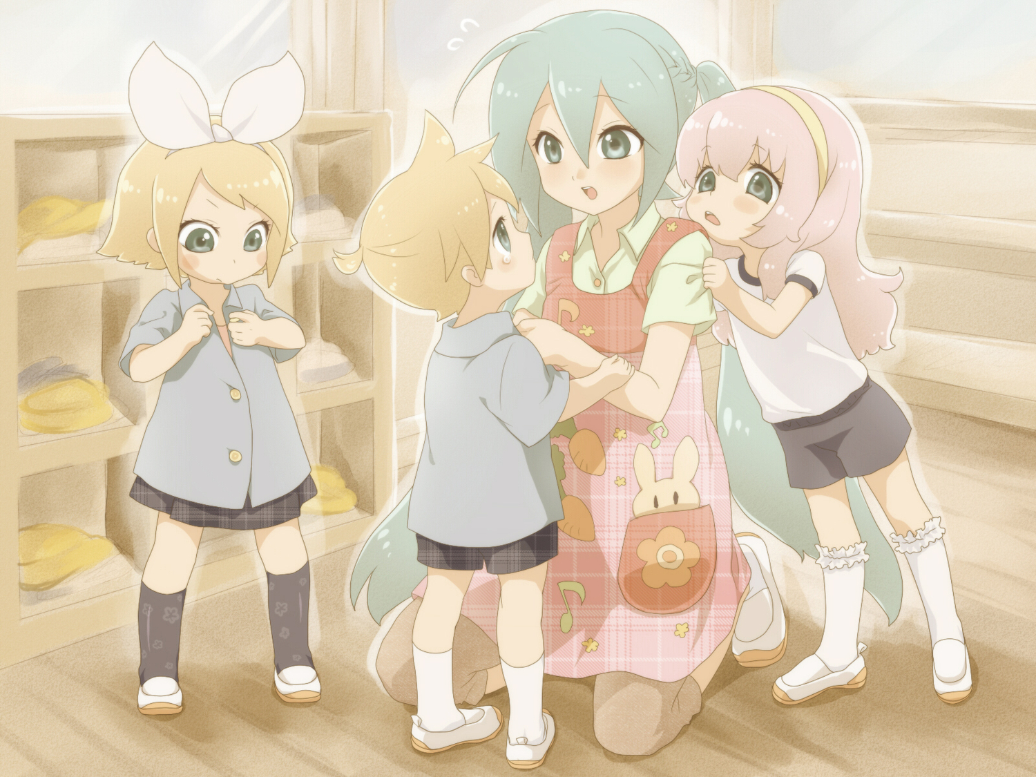 aqua_eyes, aqua_hair, blonde_hair, blush, group, gym_uniform, hatsune_miku, headband