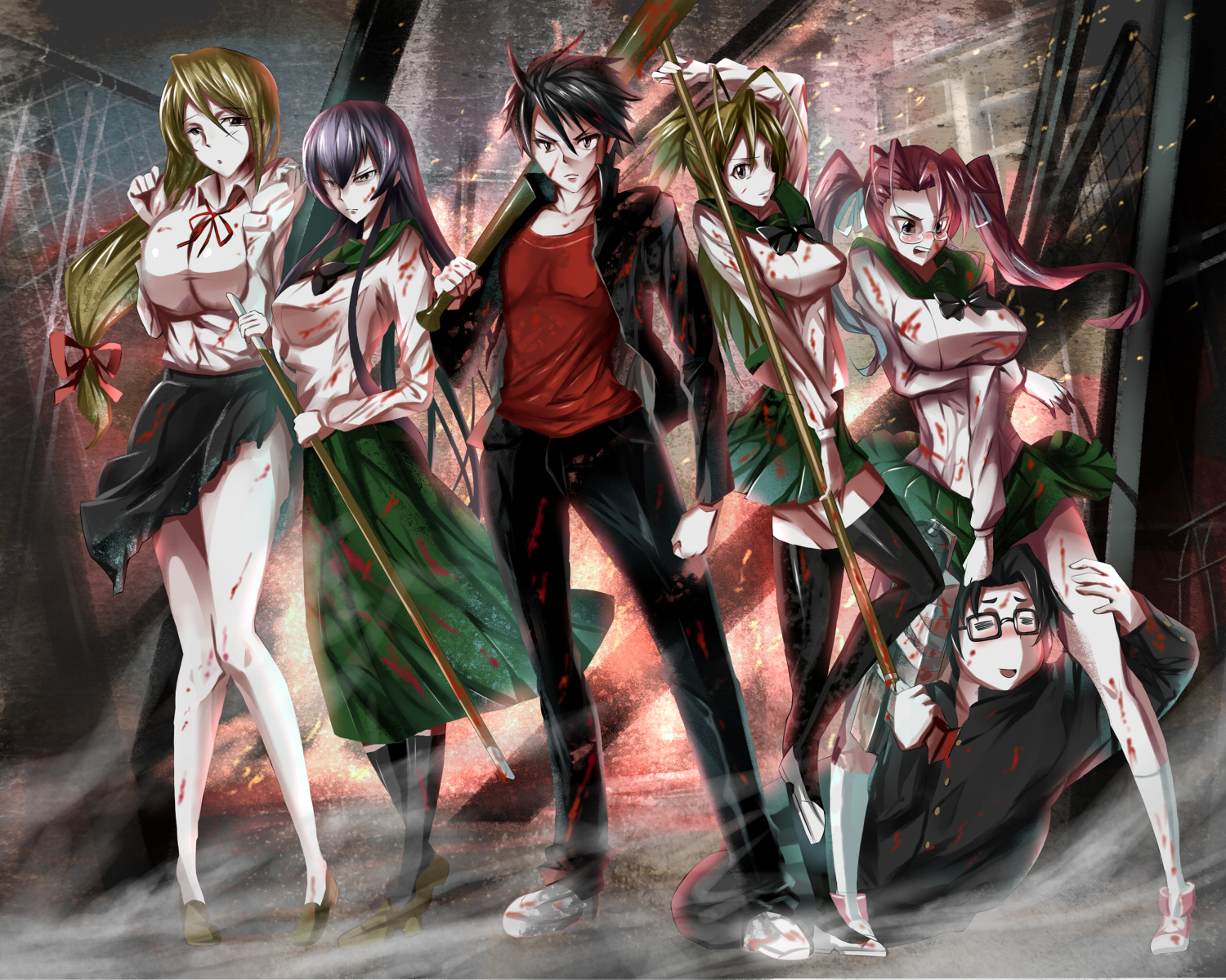 baseball_bat, black_hair, blonde_hair, blood, bow, brown_eyes, building, busujima_saeko, fire, glasses, group, gun, highschool_of_the_dead, hirano_kohta, komuro_takashi, long_hair, marikawa_shizuka, miyamoto_rei, pink_hair, ribbons, saku_(saku9595), school_uniform, short_hair, takagi_saya, thighhighs, torn_clothes, weapon