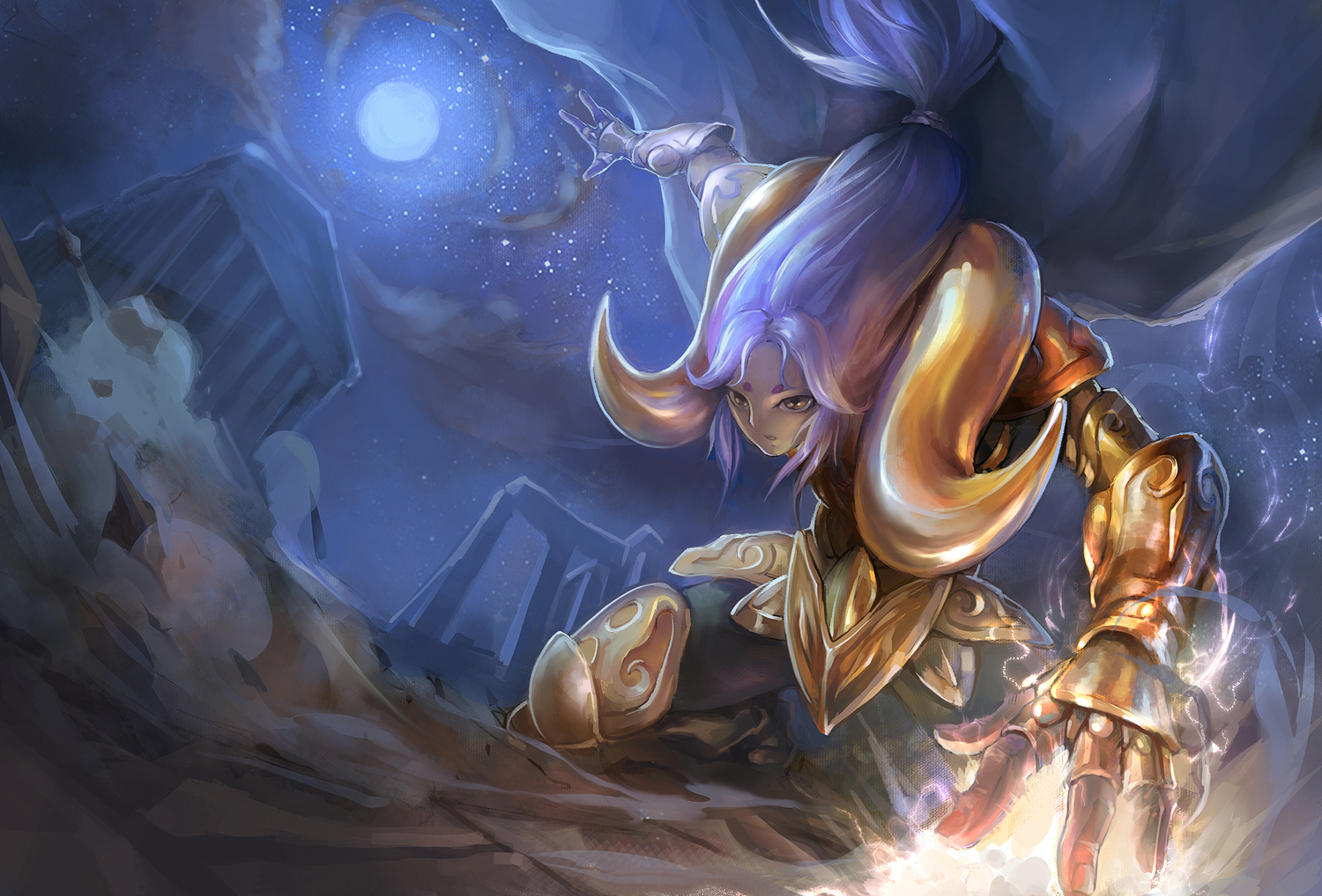 all_male, aries_muu, armor, brown_eyes, horns, lingerftc, long_hair, male, moon, night, purple_hair, saint_seiya, stars