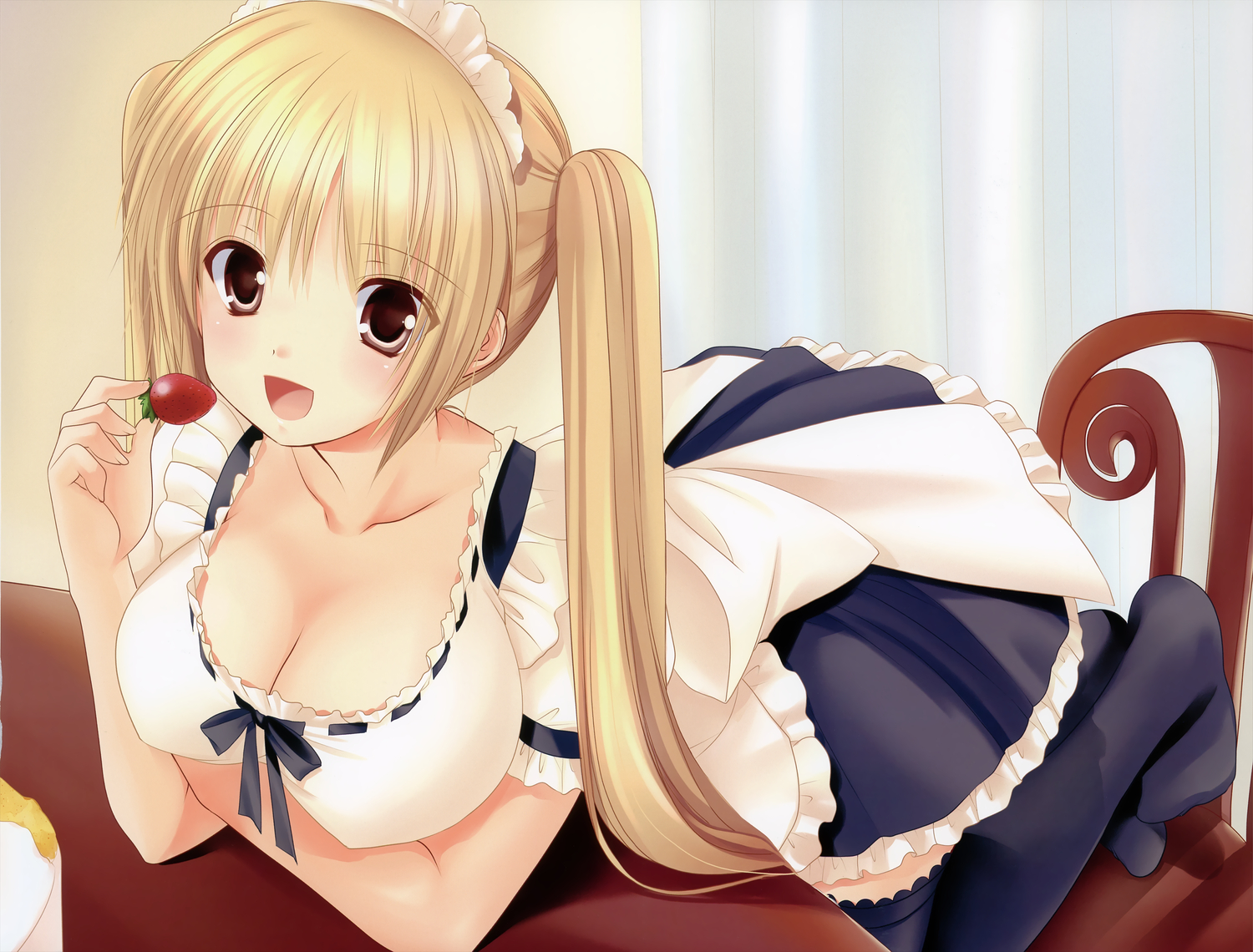 azuma_yuki, blonde_hair, breasts, cleavage, dress, food, fruit, long_hair, maid, original, scan, strawberry, thighhighs, twintails