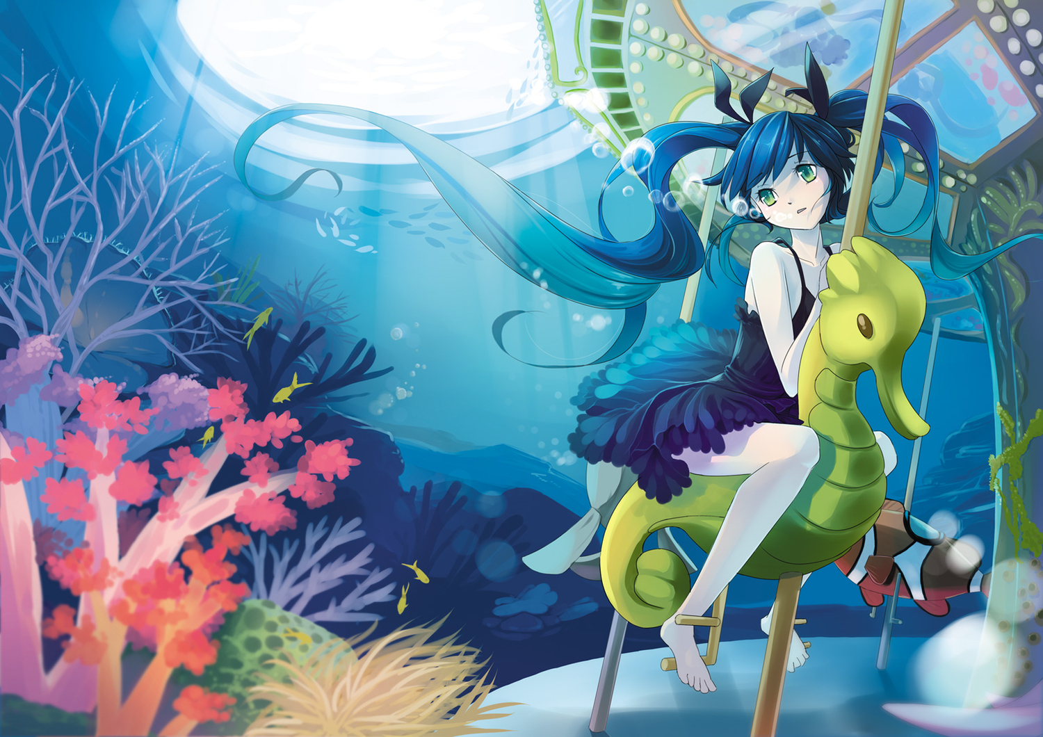 barefoot, deep-sea_girl_(vocaloid), hatsune_miku, neko_eel, underwater, vocaloid, water