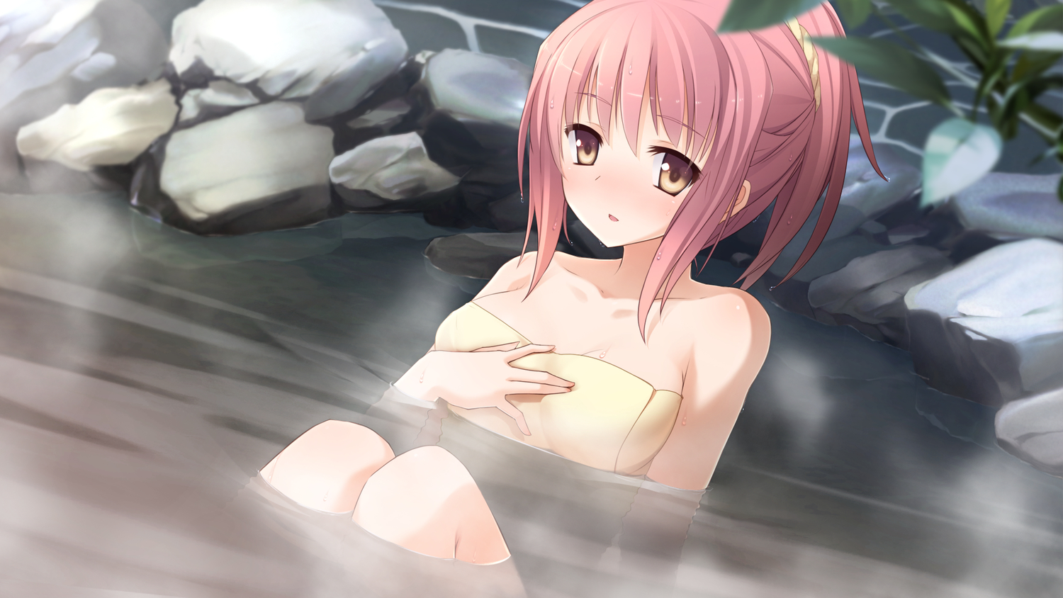 blush, brown_eyes, game_cg, imouto_no_katachi, mutou_kurihito, onsen, pink_hair, sena_miyuki, sphere, towel, water, wet