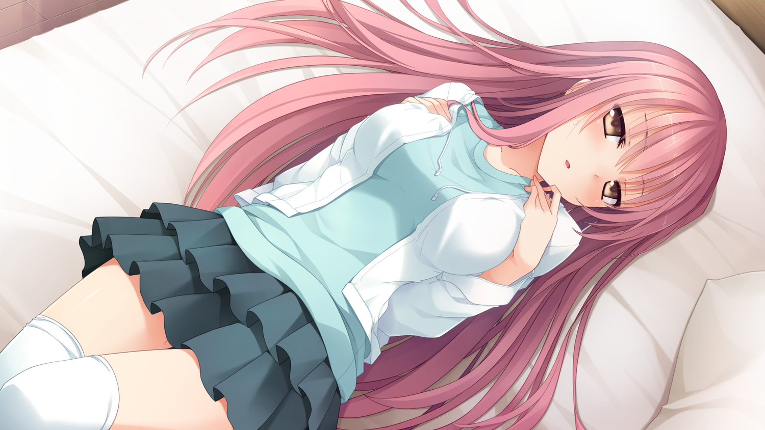 bed, blush, brown_eyes, game_cg, imouto_no_katachi, long_hair, mutou_kurihito, pink_hair, sena_miyuki, skirt, sphere, thighhighs