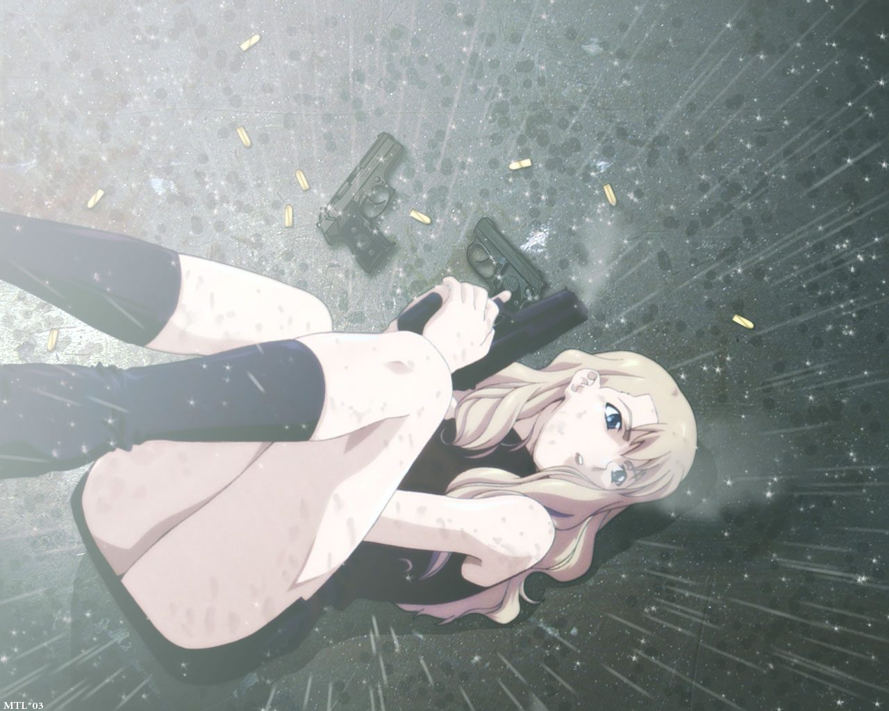 blonde_hair, blue_eyes, gun, mireille_bouquet, noir, rain, skirt, water, weapon