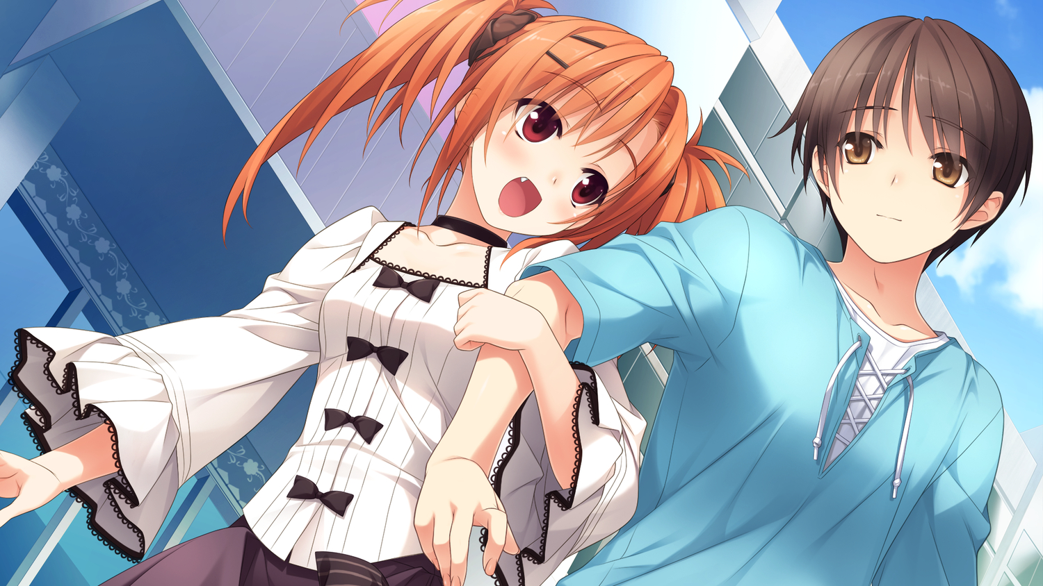 blush, brown_eyes, brown_hair, choker, fang, game_cg, hashimoto_takashi, imouto_no_katachi, male, mima_yukito, orange_hair, red_eyes, short_hair, sphere, sumeragi_ayaka, twintails