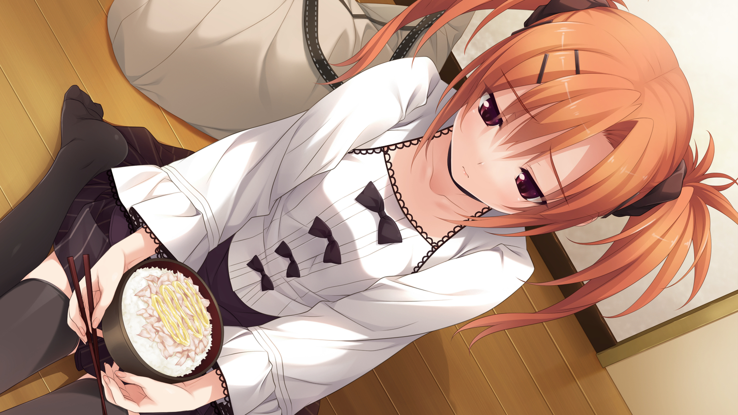 bow, food, game_cg, hashimoto_takashi, imouto_no_katachi, orange_hair, red_eyes, skirt