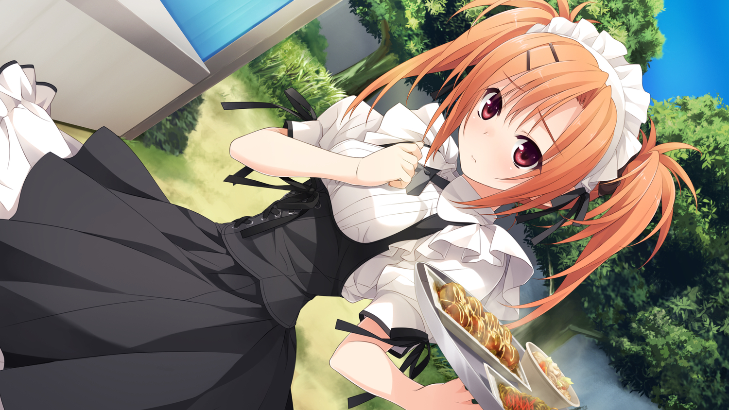 dress, food, game_cg, hashimoto_takashi, headdress, imouto_no_katachi, maid, orange_hair