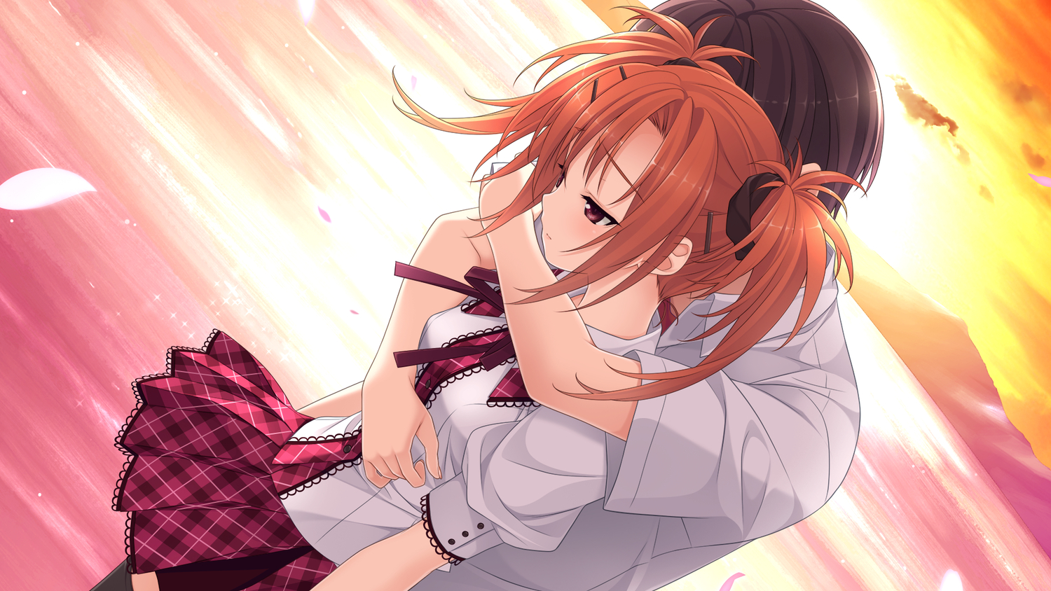game_cg, hashimoto_takashi, hug, imouto_no_katachi, orange_hair, petals, red_eyes, ribbons